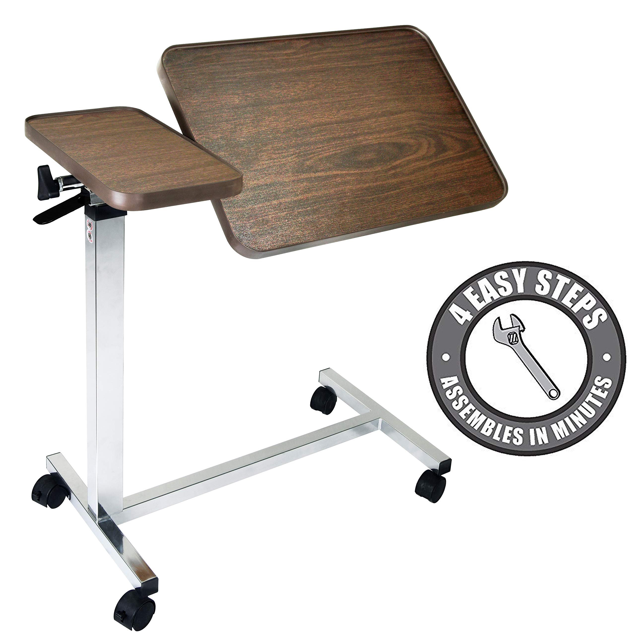 Vaunn Medical Adjustable Overbed Table with Wheels - Adjustable Height & Tilt for Hospital, Home & Nursing Care - Perfect for Eating, Reading & Working in Bed