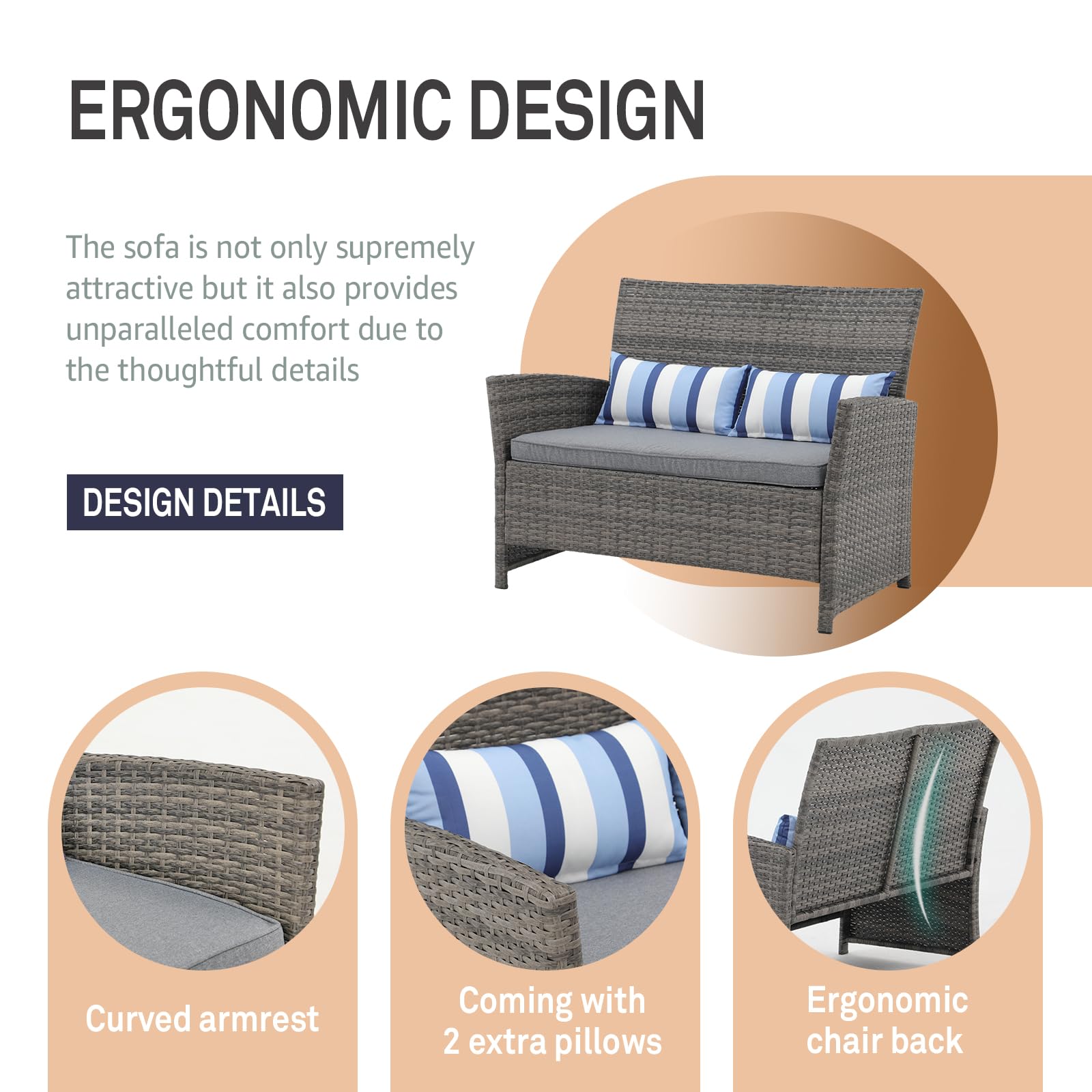 **SUNSITT Outdoor Wicker Loveseat with Cushions – 2-Seater PE Rattan Sofa with Lumbar Pillows, Grey Wicker & Grey Cushions – Durable Steel Frame – Perfect for Patio, Backyard, Garden, Poolside & Porch Relaxation**