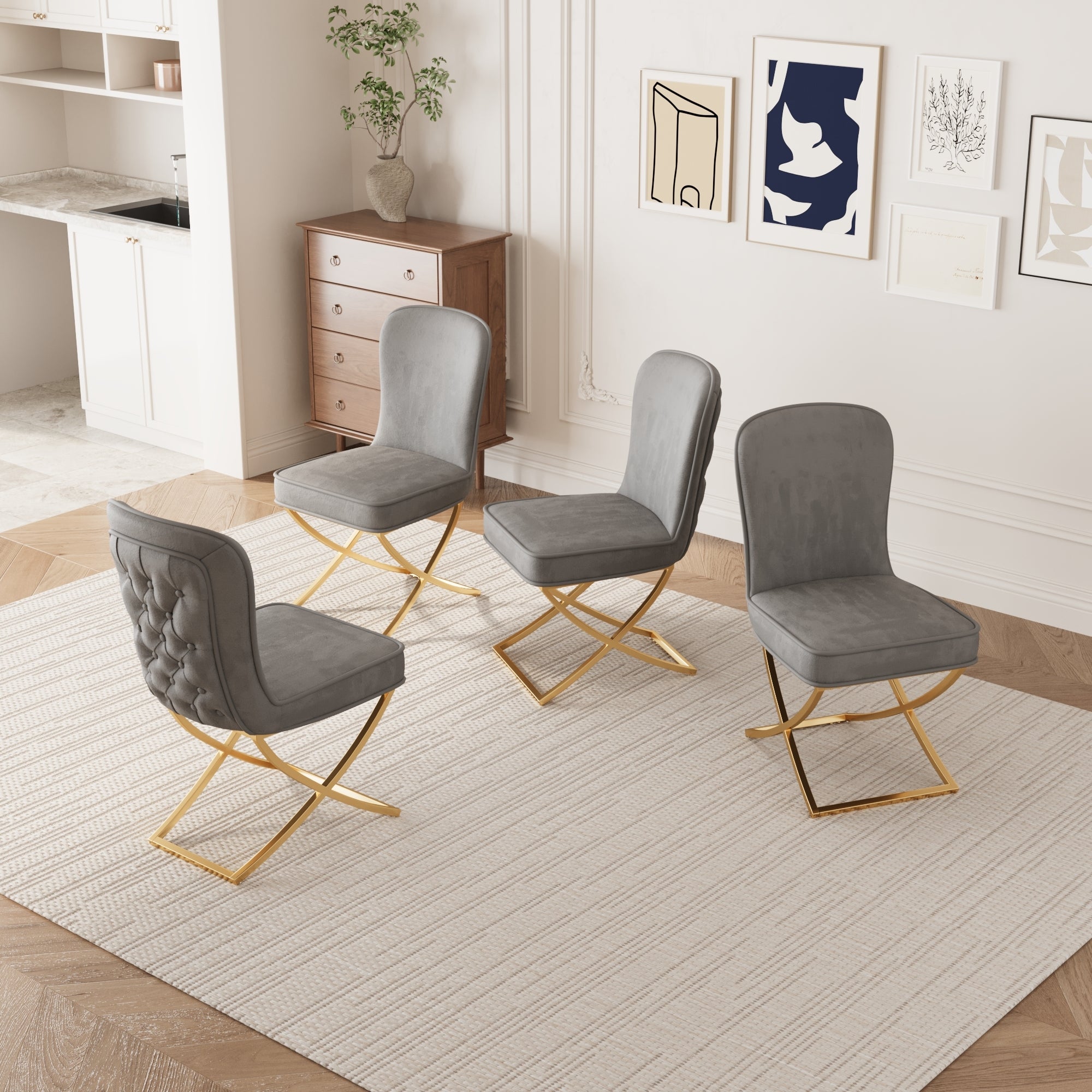 4-Piece Grey Velvet Dining Chair Set with Golden Metal Legs - Modern Kitchen, Living Room, Office & Leisure Chairs for Home Decor