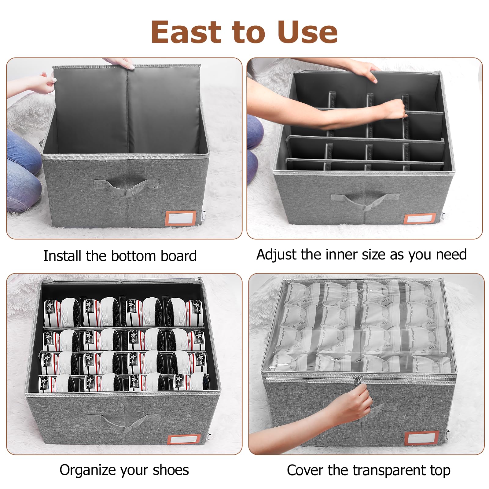 Adjustable Mesh Storage Bins for Closet Organizer - 16-Pair Shoe Organizer with Clear Window, Dark Grey Wardrobe Clothes & Shoe Storage Solution - Perfect for Bedroom, Closet, and Entryway Organization