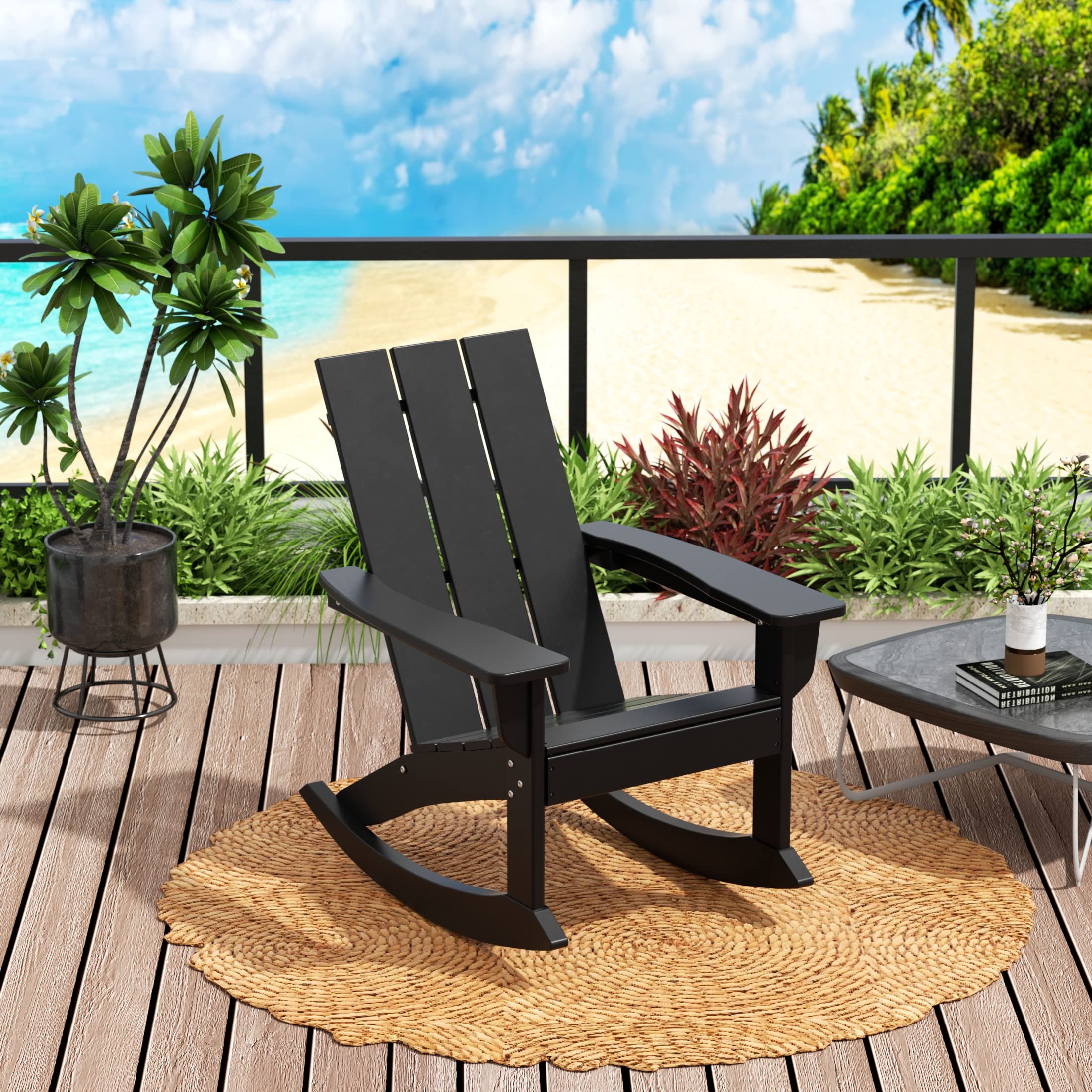WO Home Furniture 4-Piece Patio Rocking Chair Set - Modern Outdoor HDPE UV-Resistant Rocking Chairs for Garden, Porch & Backyard (Black) - Perfect for Relaxing, Entertaining & Outdoor Lounging