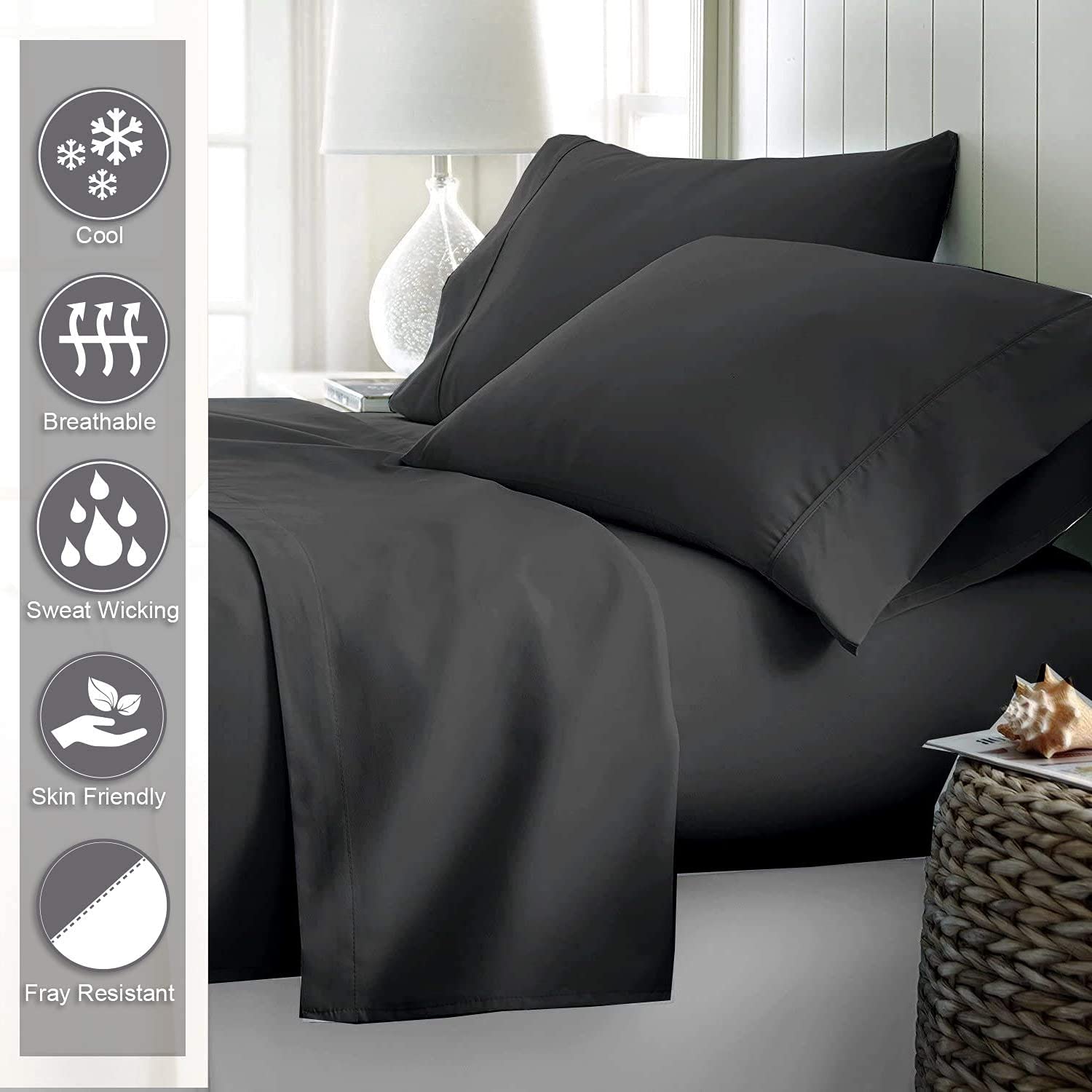 Happy at Home RV King Sheets 72x80 – 100% Giza Cotton Camper Bed Sheets, 4-Piece Set, 18'' Deep Pocket, Soft & Breathable RV Sheets for King Size Mattress, Dark Grey Solid – Perfect for Camping, Road Trips & Cozy RV Living