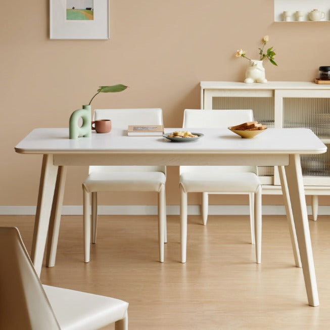 Birch Solid Wood Dining Table - Cream Wind White Finish - Modern Farmhouse Style for Kitchen, Dining Room & Small Spaces