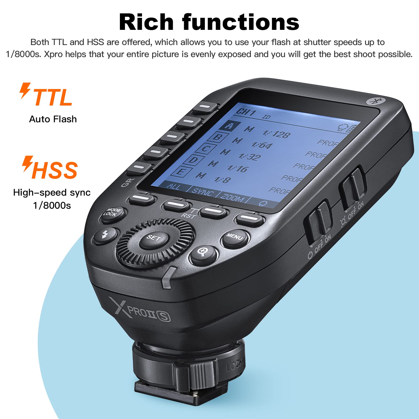 Godox XProII-S TTL Wireless Flash Trigger Transmitter for Sony Cameras - 2.4G HSS up to 1/8000s, Bluetooth Control, Hotshoe Lock, 16 Groups & 32 Channels - Perfect for Studio Photography, Wedding & Event Shooting