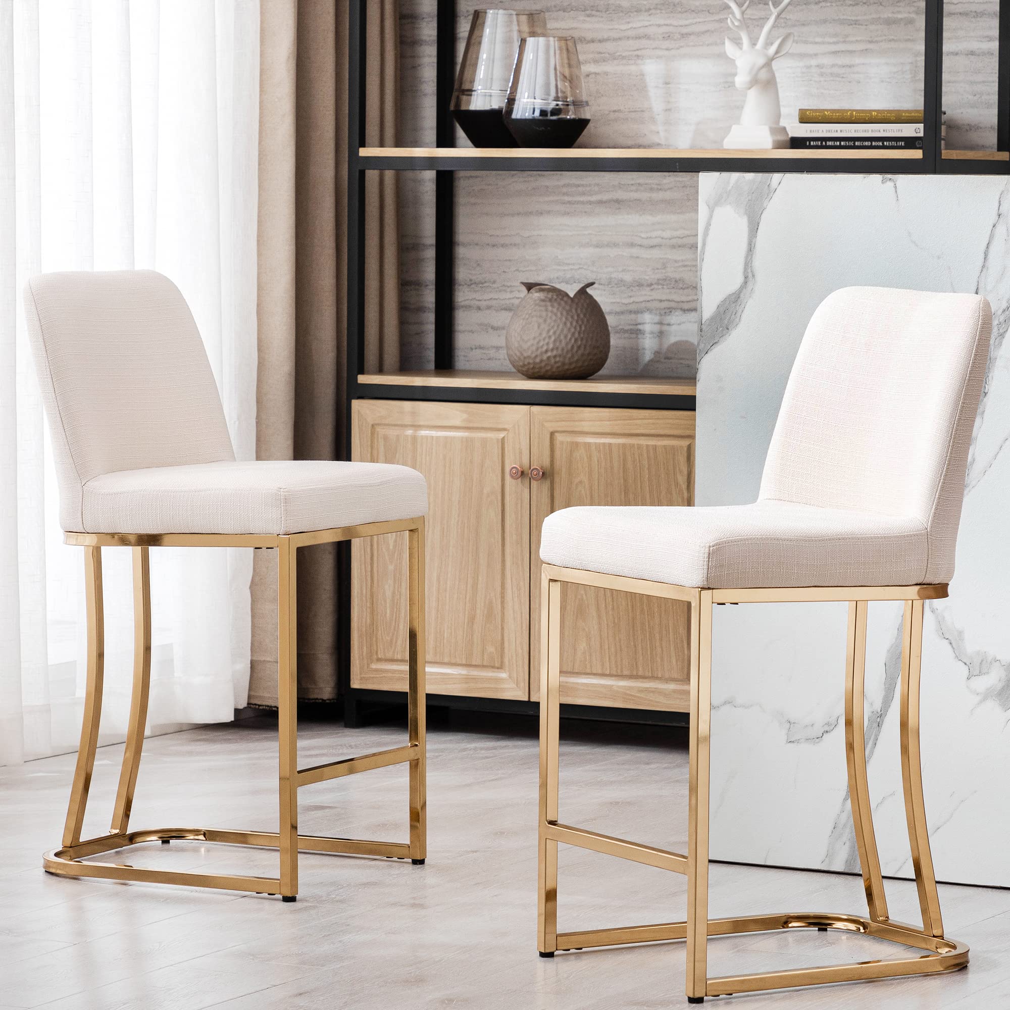 Modern Counter Height Bar Stools Set of 2 - 24 Inch Linen Upholstered Kitchen Island Stools with Golden Metal Frame, Cream Fabric - Perfect for Kitchen Counter, Dining Room, Pub & Home Bar Decor