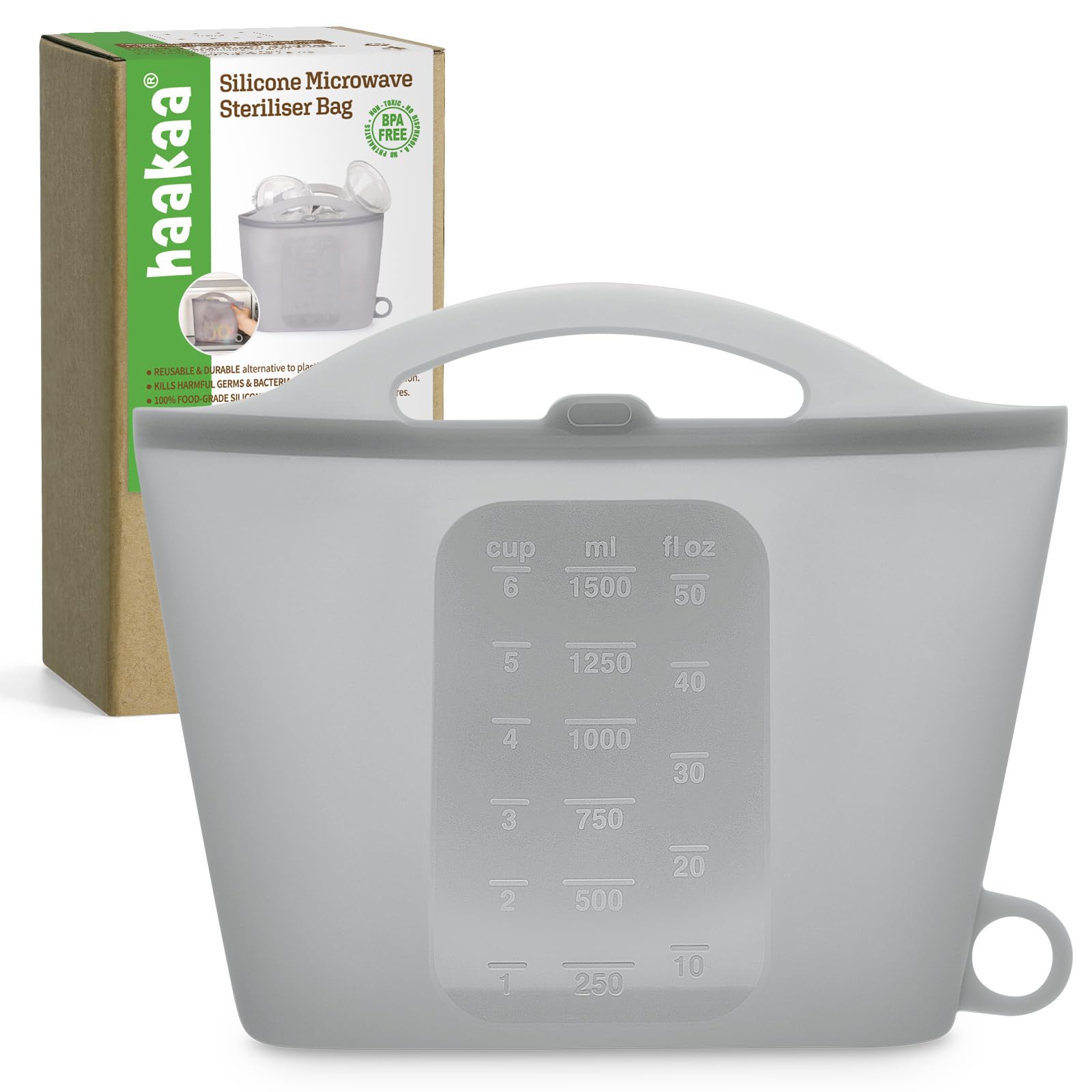 Haakaa Silicone Microwave Steam Sterilizer Bags - 1500ml Reusable Baby Bottle Sterilizer for Breast Pump Parts, Pacifiers & Teethers | Portable Travel & Home Use | BPA-Free, Grey | Perfect for Daycare, Traveling & Quick Sterilization