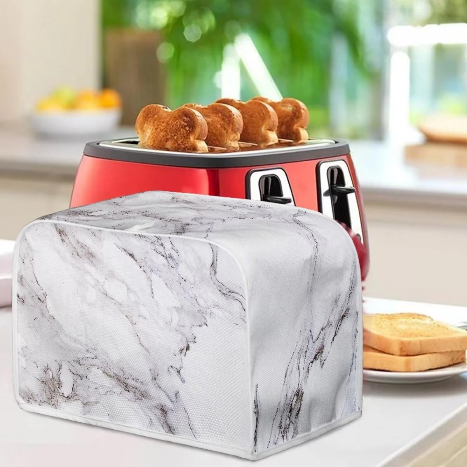 4-Slice Toaster Cover - White Marble Dustproof Protector for Kitchen Bakeware (12.4