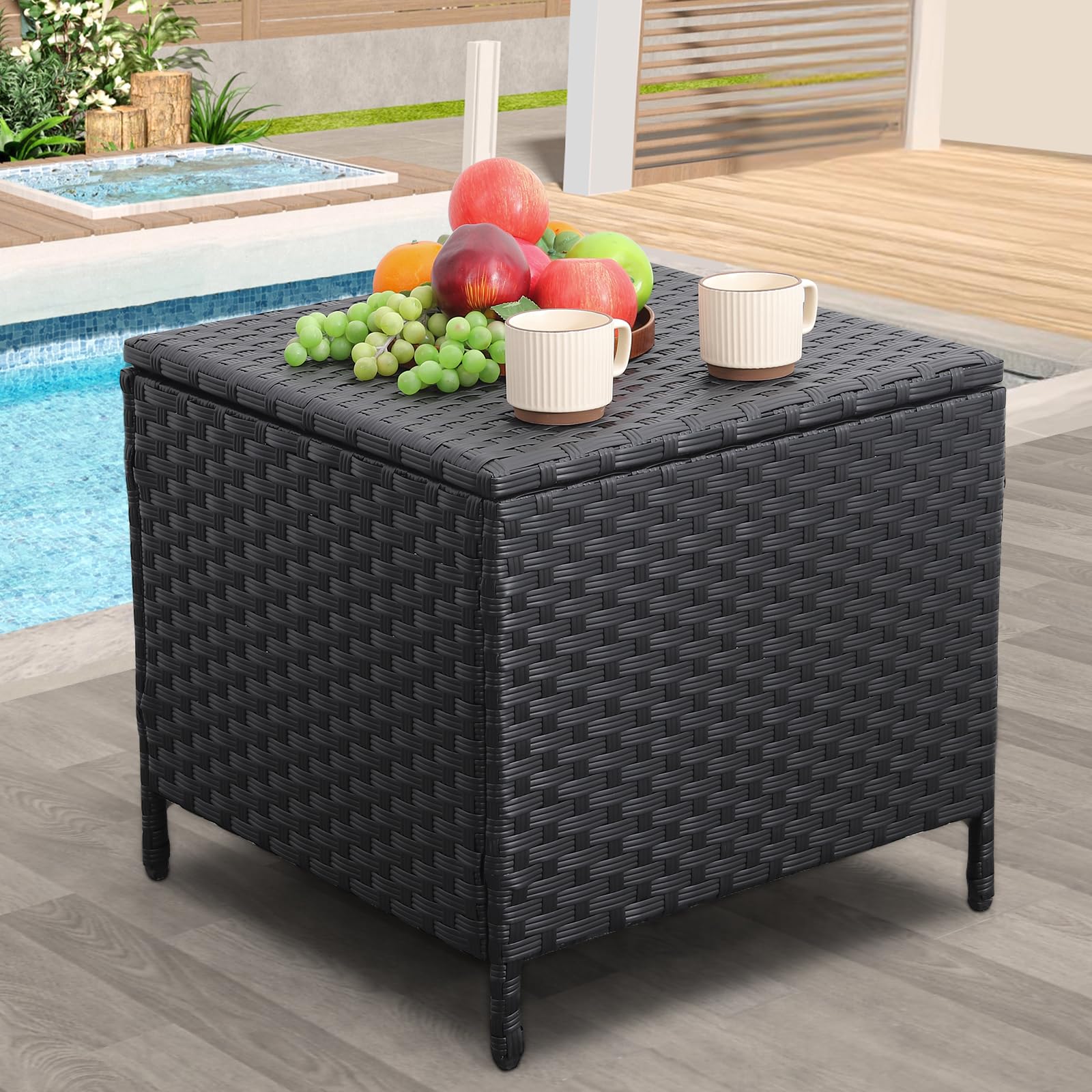 Outdoor Wicker Storage Side Table - Black PE Rattan End Table with Square Storage Container | Perfect for Patio Furniture Covers, Kids Toys & Garden Tools | Great for Outdoor Living, Backyard Decor & Poolside Storage
