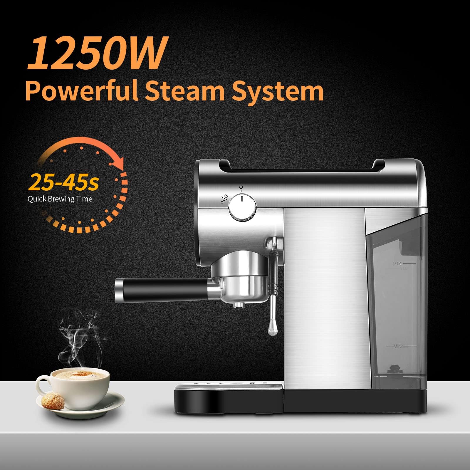 20Bar Professional Espresso Coffee Machine with Milk Frother - 900ml Removable Water Tank Stainless Steel Espresso Maker for Home Baristas - Perfect for Making Cappuccino, Latte & Espresso at Home or Office