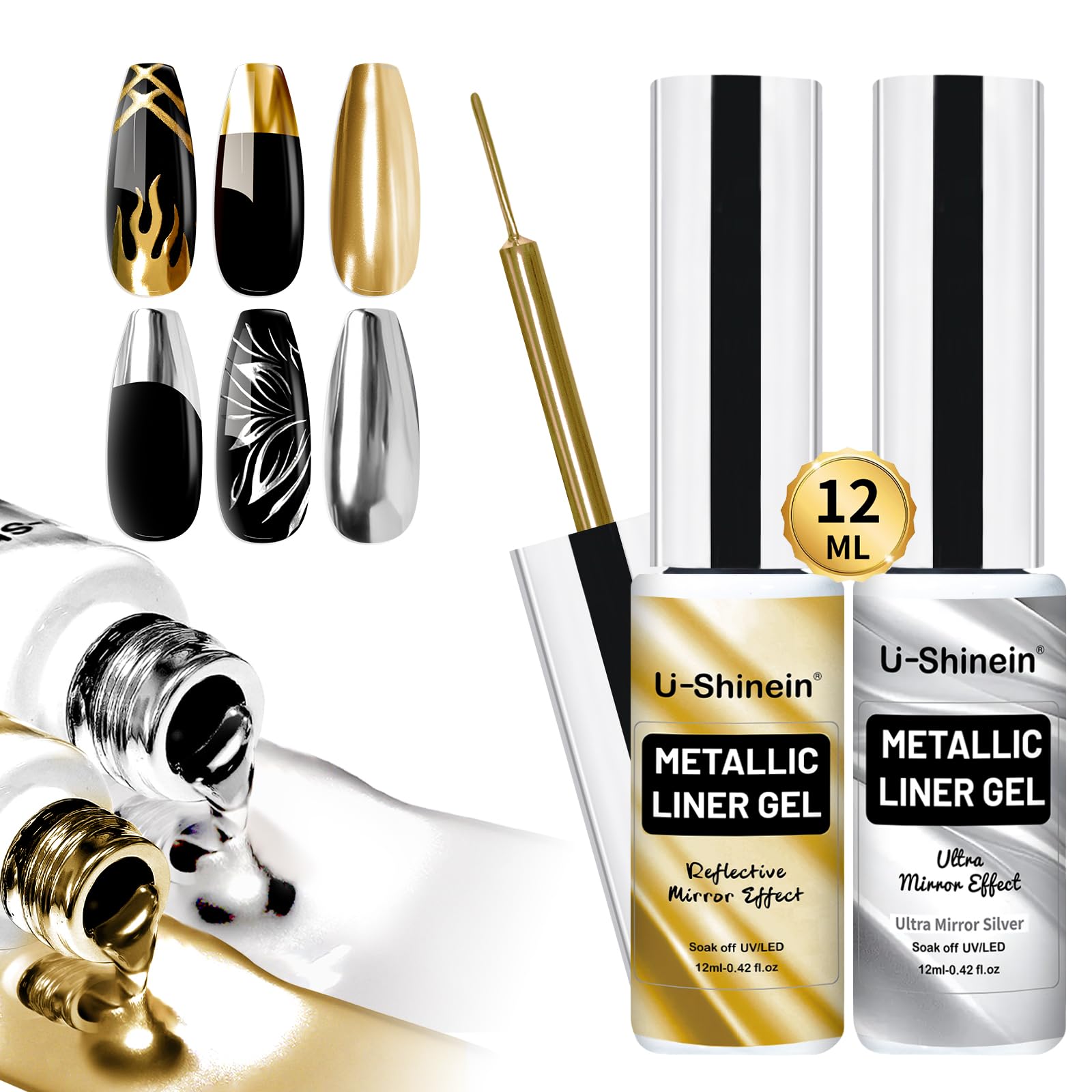 Premium Metallic Nail Polish Set - 2 x 12ml Gold & Silver UV Gel Polish with Built-in Thin Brush for Salon & Home Manicures | Long-Lasting Shine for Parties, Weddings & Special Occasions