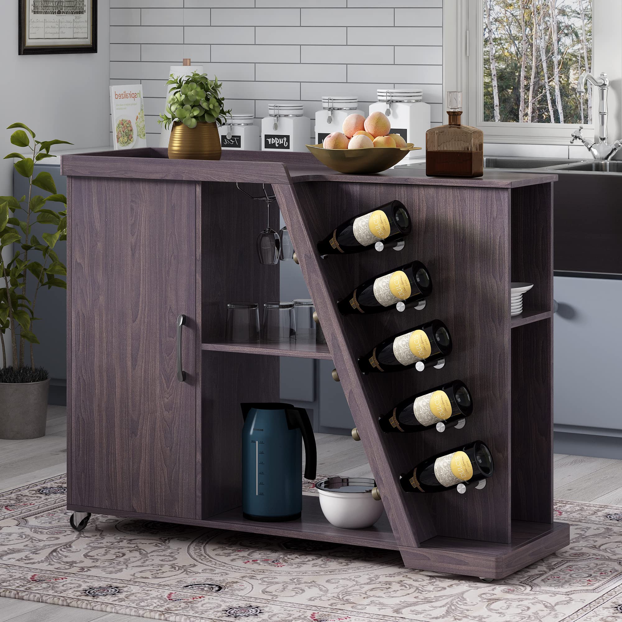 Kitchen Storage Island with Wheels - Rolling Mobile Cart with 2 Adjustable Shelves & Wine Rack, 5-Lockable Casters for Kitchen Organization - Perfect for Small Spaces, Dining Room & Entertaining (Brown)