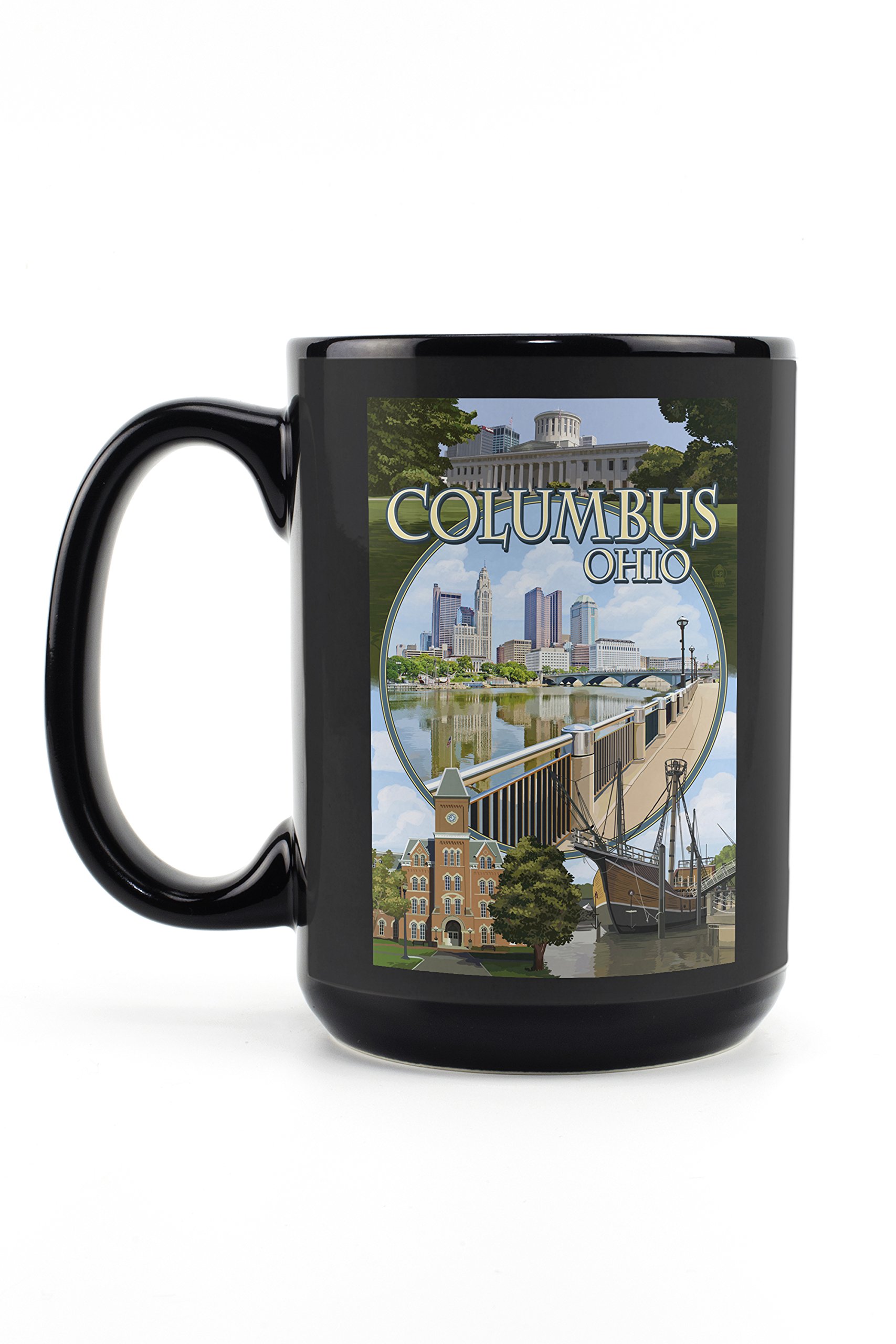Lantern Press Columbus Ohio Scenes 15oz Black Ceramic Coffee Mug - Microwave & Dishwasher Safe - Perfect for Home, Office & Gift Giving