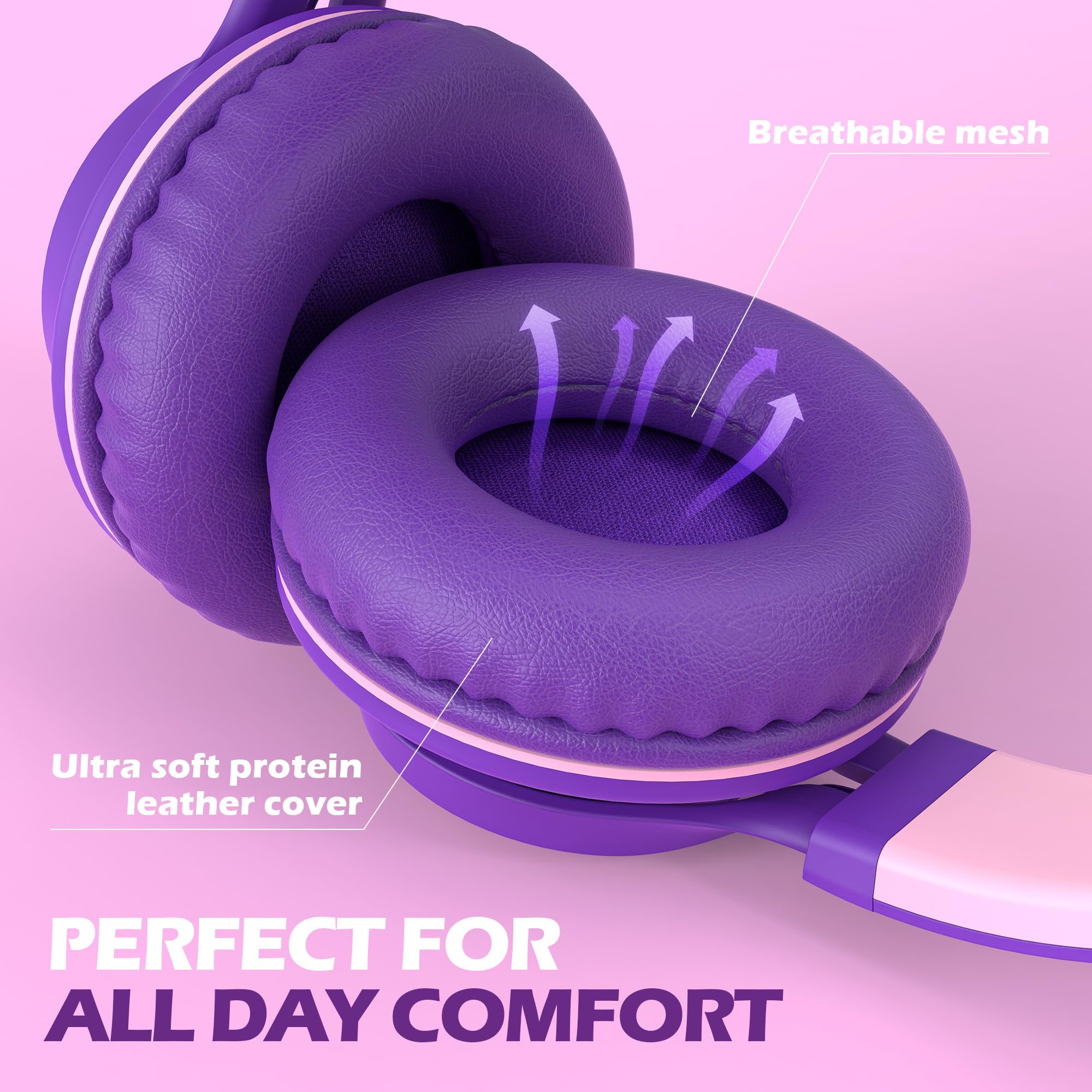 AILIHEN C8 Girls Headphones - Wired On-Ear Headset with Microphone, Volume Control & Foldable Design - 3.5mm Stereo Audio for School, Chromebook, Laptop, PC & Tablet - Perfect for Online Classes, Travel & Home Use (Purple Pink)