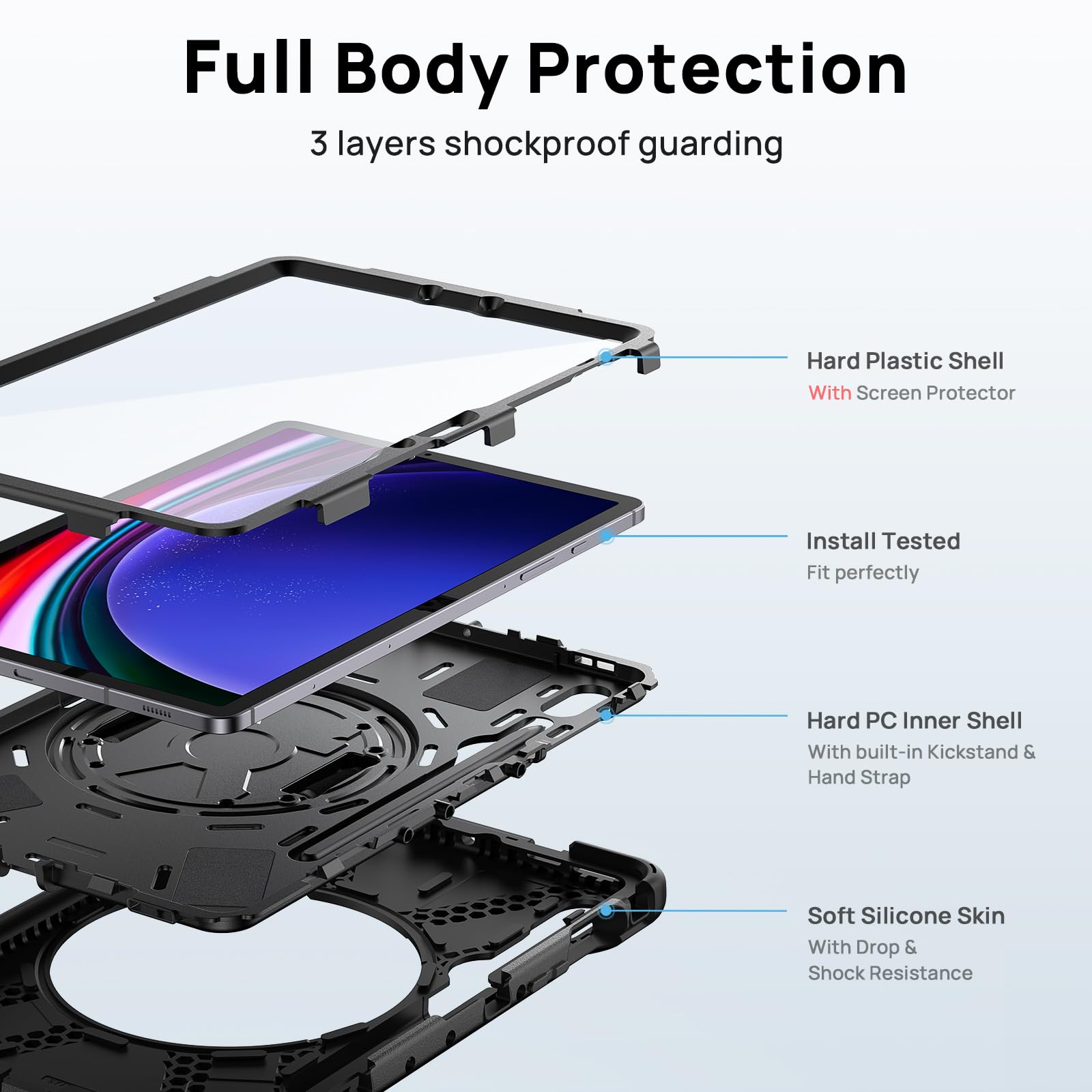 Premium Protective Case for Samsung Galaxy Tab S9 FE 5G / S9 Tablet - Shockproof Cover with Built-in Screen Protector, S Pen Holder, 360° Rotating Stand & Hand Strap - Perfect for Work, Travel & Entertainment (10.9