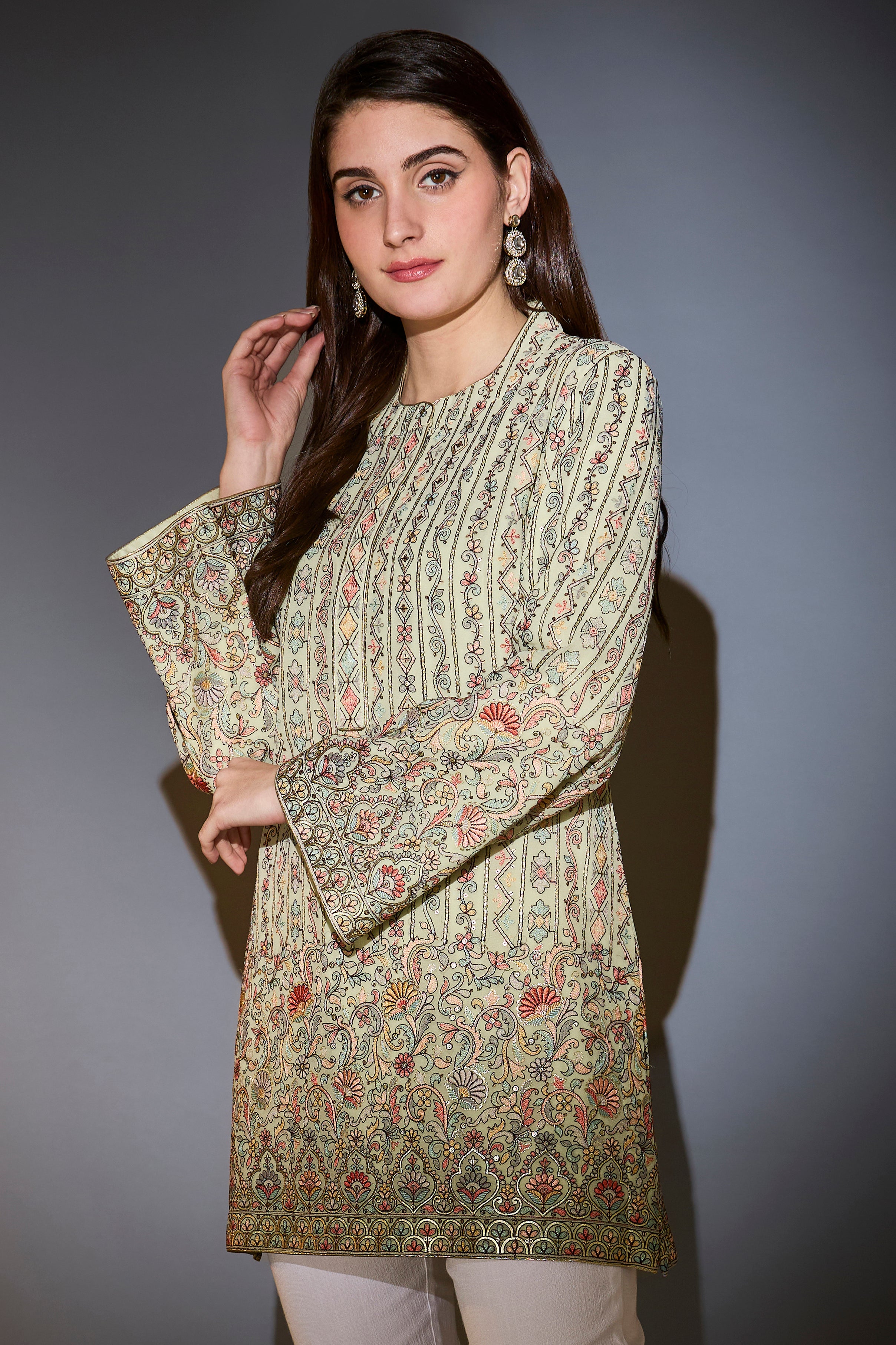 Elegant Mint Green Tunic with Exquisite Multi-Thread Embroidery - Perfect for Casual Outings, Boho Chic Style & Summer Fashion