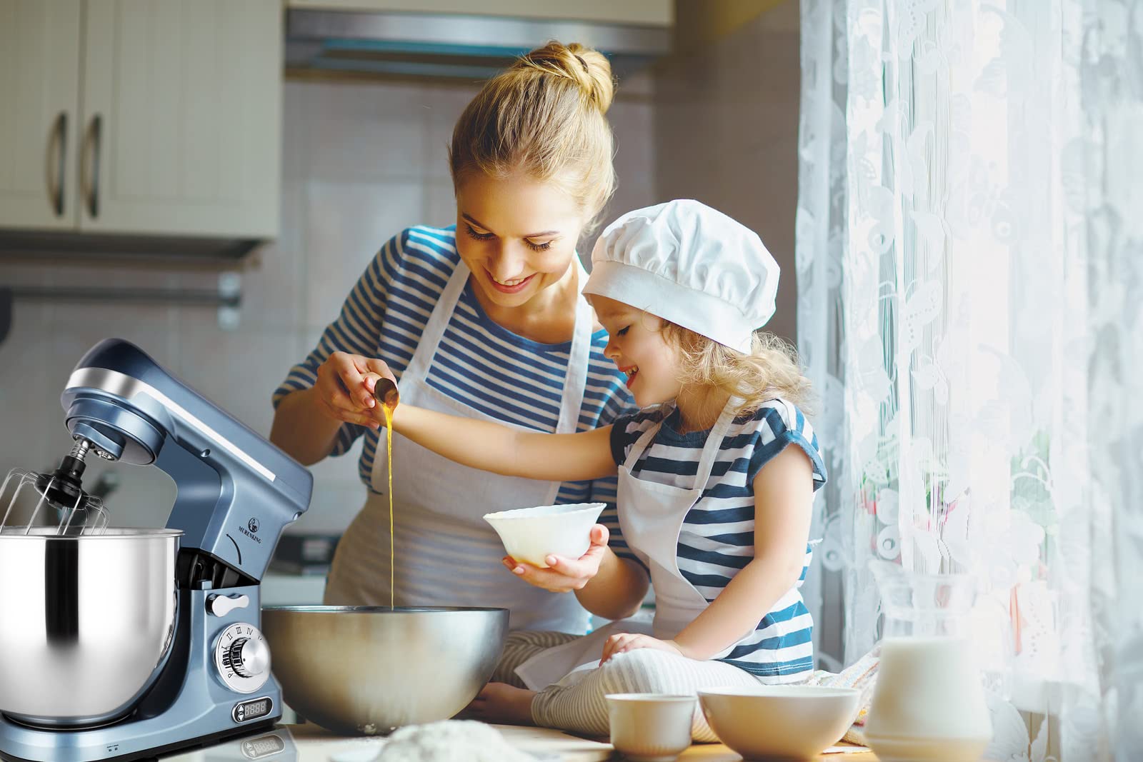 Professional 6-Qt Stand Mixer with Timer - 500W 6-Speed Tilt-Head Electric Kitchen Mixer (Silver Blue) - Perfect for Baking Cakes, Cookies, Bread & Dough Kneading