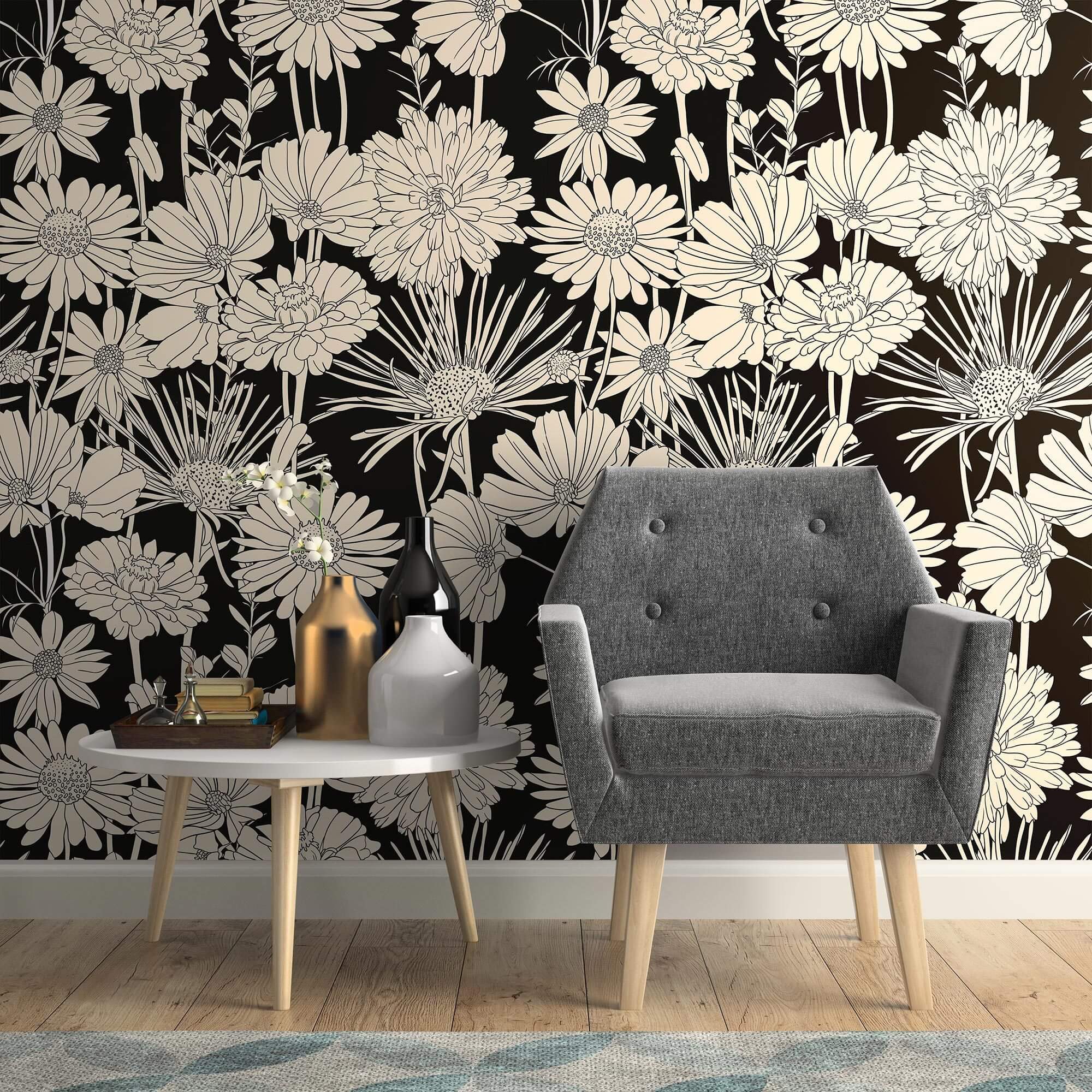 White and Black Hand Drawn Floral Peel and Stick Removable Wallpaper - Self-Adhesive Decorative Wall Covering for Bedroom, Living Room, Nursery, and Home Office Decor