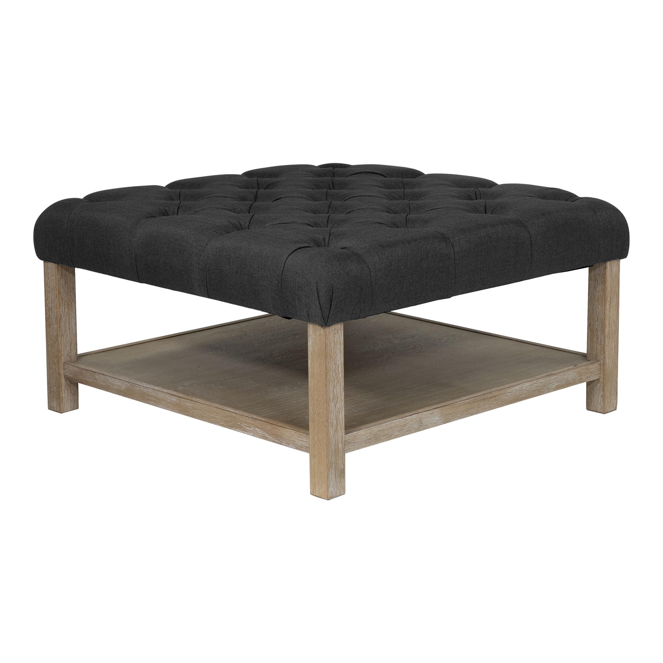 Furniture of America Hoylton Wood Tufted Ottoman - Natural & Dark Gray Storage Bench for Living Room, Bedroom, or Entryway