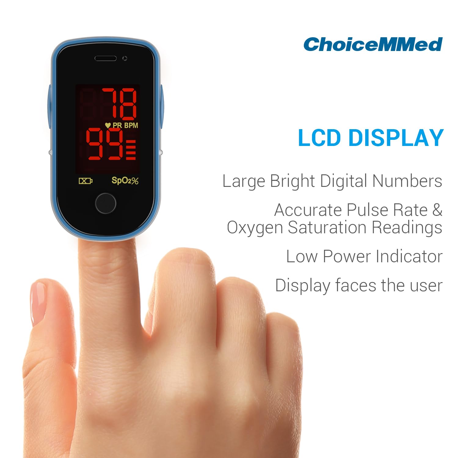 CHOICEMMED Finger Pulse Oximeter - Accurate Blood Oxygen Monitor with Batteries & Carry Pouch - Portable SpO2 Sensor for Home, Travel & Sports Use