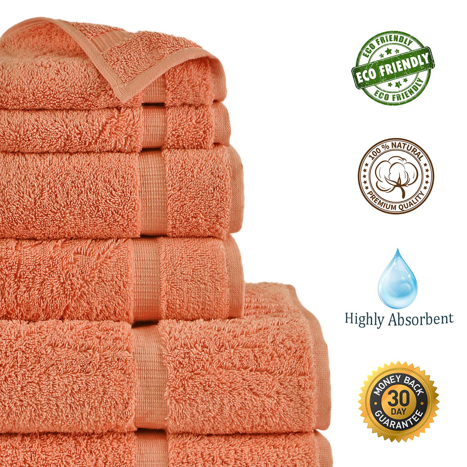 Premium 100% Turkish Cotton Bath Towel Set - 6 Piece (Coral) | Ultra Soft & Absorbent for Spa, Beach & Luxury Bathroom