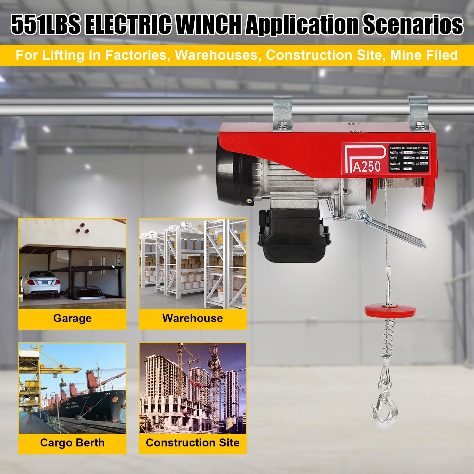 **551LBS Electric Hoist with Wired Remote Control – Single/Double Slings Winch for Attic, Warehouse & Construction – 110V Steel Electric Lift for Heavy Lifting in Factories, Garages & Workshops**