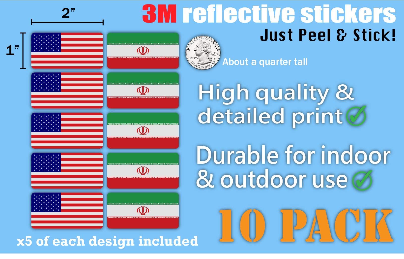 10-Pack 3M Reflective US & Iran Flag Stickers - High Visibility Safety Decals for Hard Hats, Helmets, Bikes, Toolboxes & Laptops - Perfect for Night Safety, Work Zones & Outdoor Activities