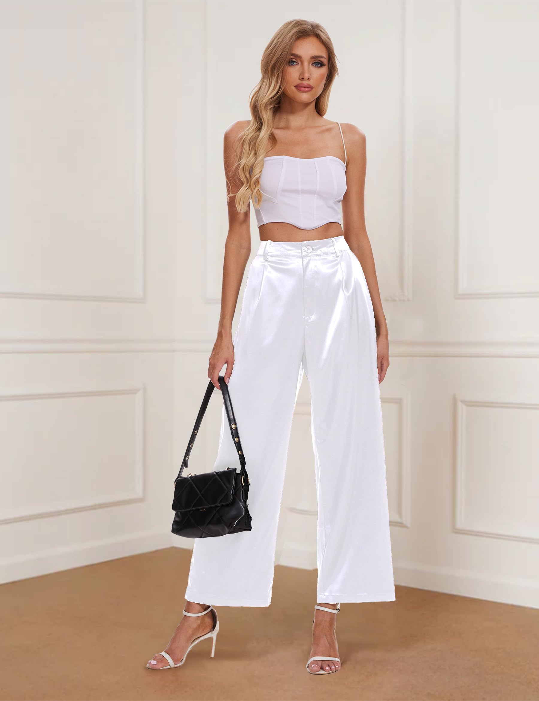 Women's High Waist Satin Wide Leg Pants - Elegant Silk Dress Pants with Pockets for Casual & Party Wear | Perfect for Office, Night Out, and Special Occasions