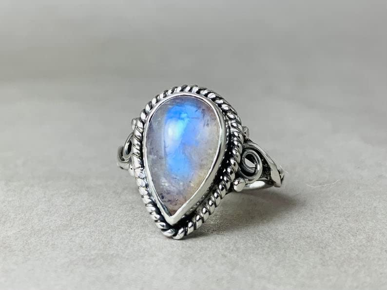 Natural Moonstone Ring - Sterling Silver Blue Fire Pear Rainbow Moonstone Jewelry - June Birthstone & Promise Ring for Women - Perfect for Gifts, Weddings & Everyday Wear (Size N 1/2)