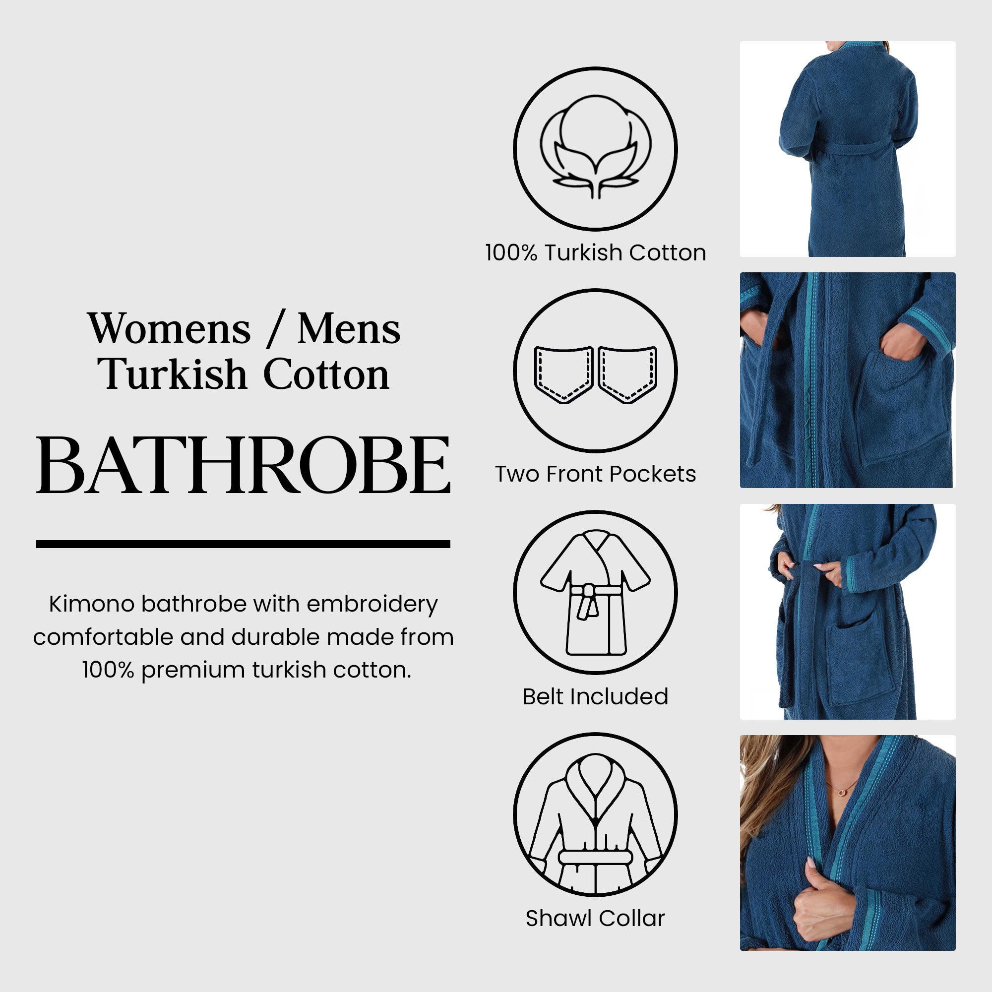Unisex Cotton Terry Kimono Bathrobe with Embroidery - Soft & Absorbent for Spa, Beach & Home Relaxation