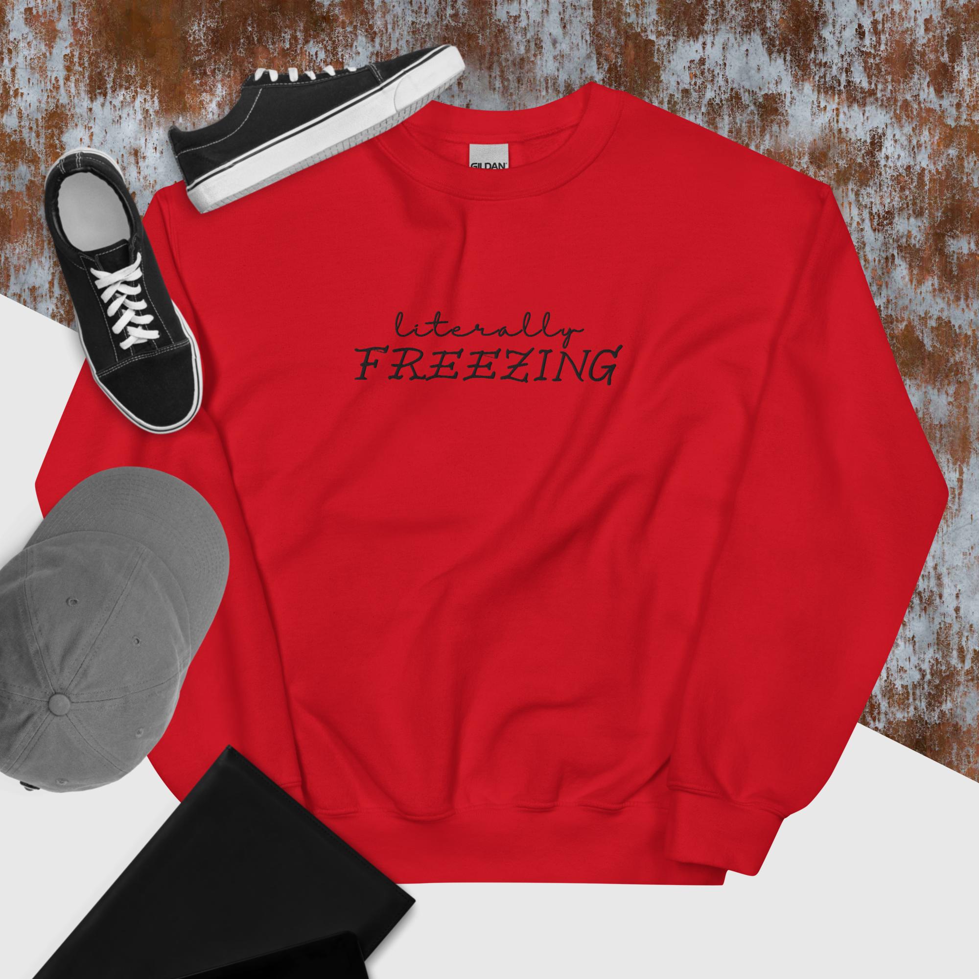 Unisex Embroidered FREEZING Sweatshirt - Cozy Winter Pullover for Men & Women | Perfect for Cold Weather & Casual Outfits