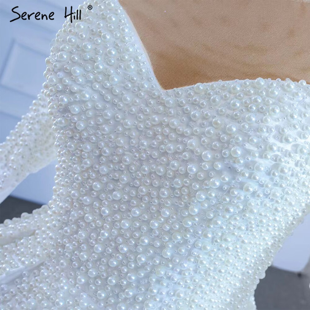 Serene Hill 2025 Muslim White Satin Wedding Dress with Beaded Pearl Details | High-End Custom Bridal Gown HM67279 | Perfect for Islamic Nikah Ceremony, Modest Bridal Fashion, and Luxury Wedding Occasions