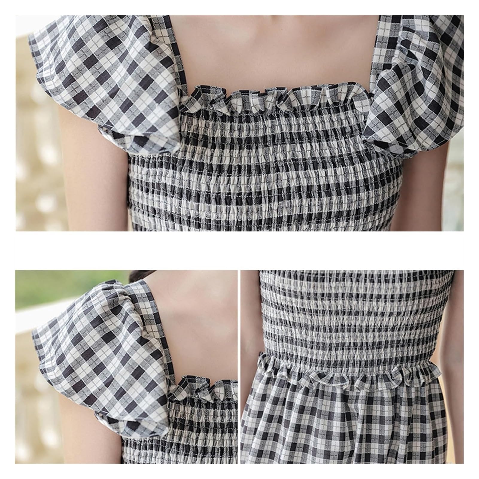 Women's Retro Plaid Smocked Bust Maxi Dress - Singing Solo Multi Plaid Spaghetti Strap Square Neck Long Dress for Summer Beach, Wedding Guest & Party Occasions