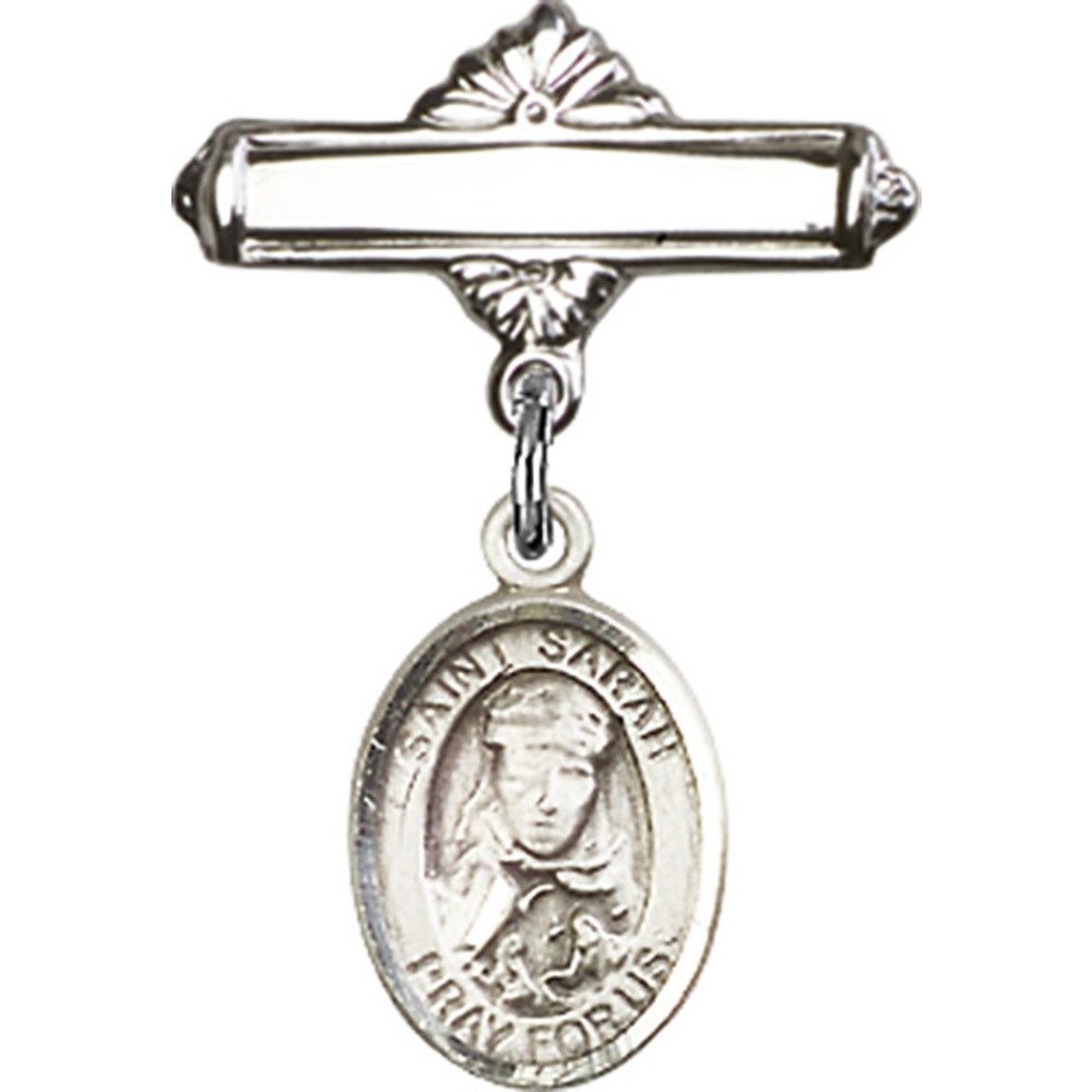Stunning Sterling Silver Baby Badge with St. Sarah Charm - 1 X 5/8 Inch Polished Pin - Perfect for Christenings, Baptisms & Baby Blessing Ceremonies