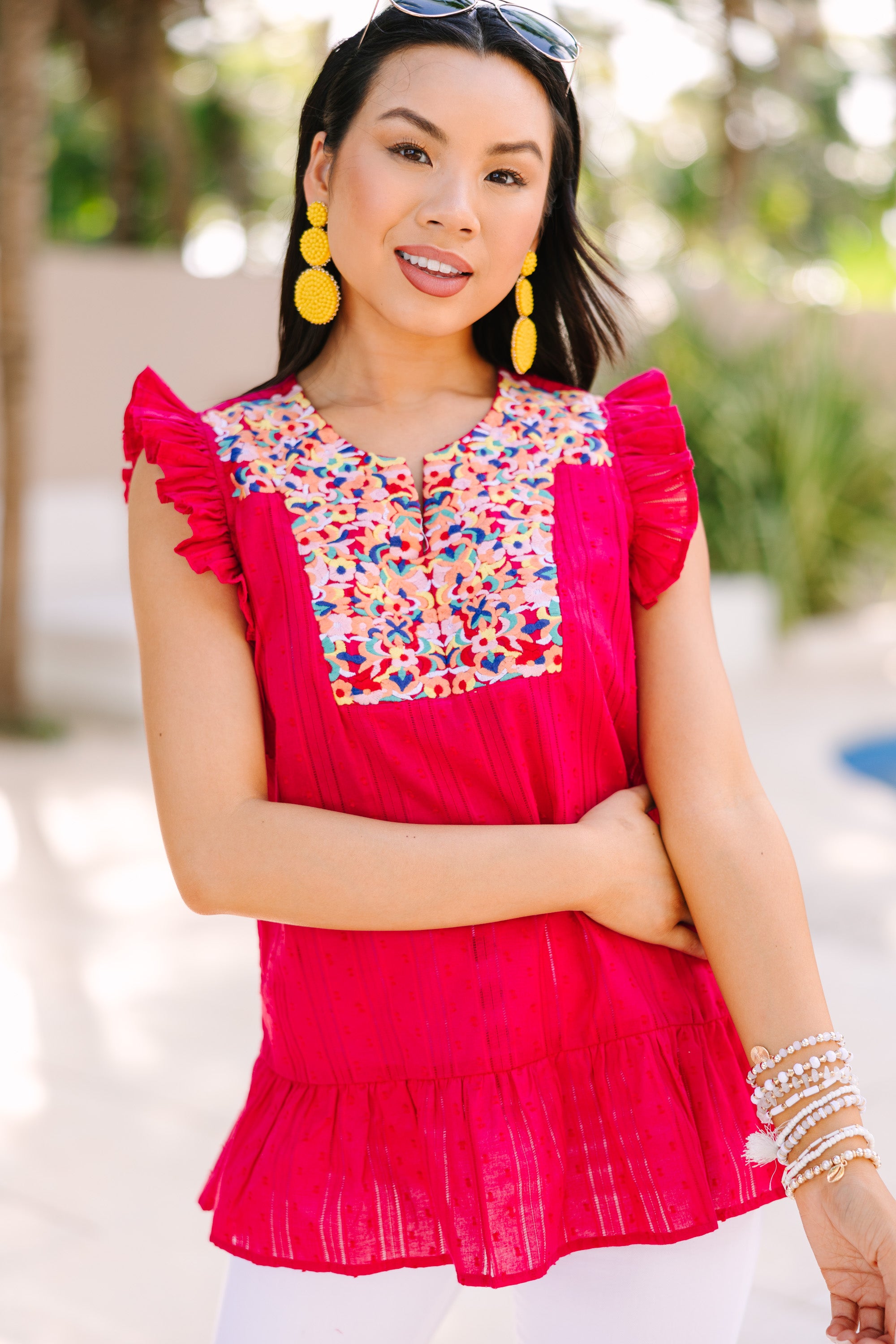Fuchsia Pink Embroidered Blouse for Women - Elegant Floral Embroidered Top - Perfect for Office Wear, Date Night & Special Occasions