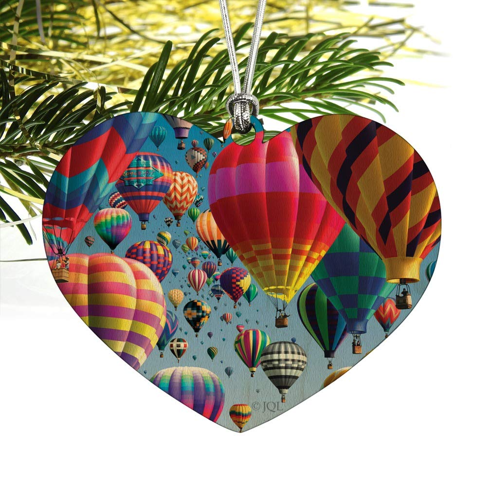 Hot Air Balloon Festival Heart Love Wood Christmas Tree Ornament - Handmade Holiday Decoration for Xmas Tree, Home, Party & Gift Giving