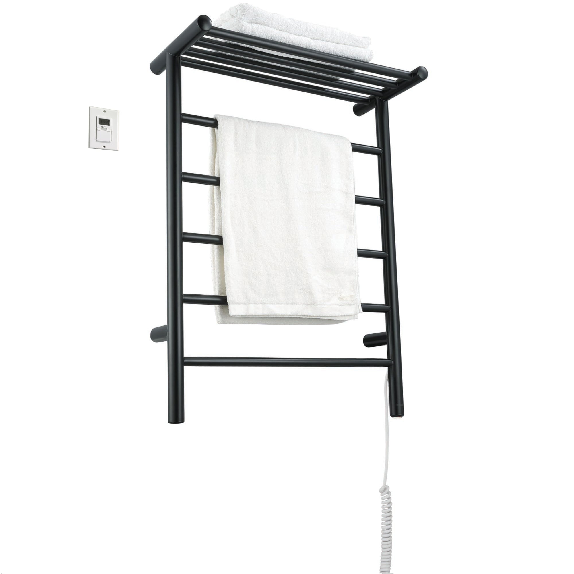Ancona Miazzo 5 Bar Electric Wall Mount Towel Warmer - Plug In or Hardwire with Shelf & Timer - Matte Black - Perfect for Bathroom, Spa & Luxury Home Heating