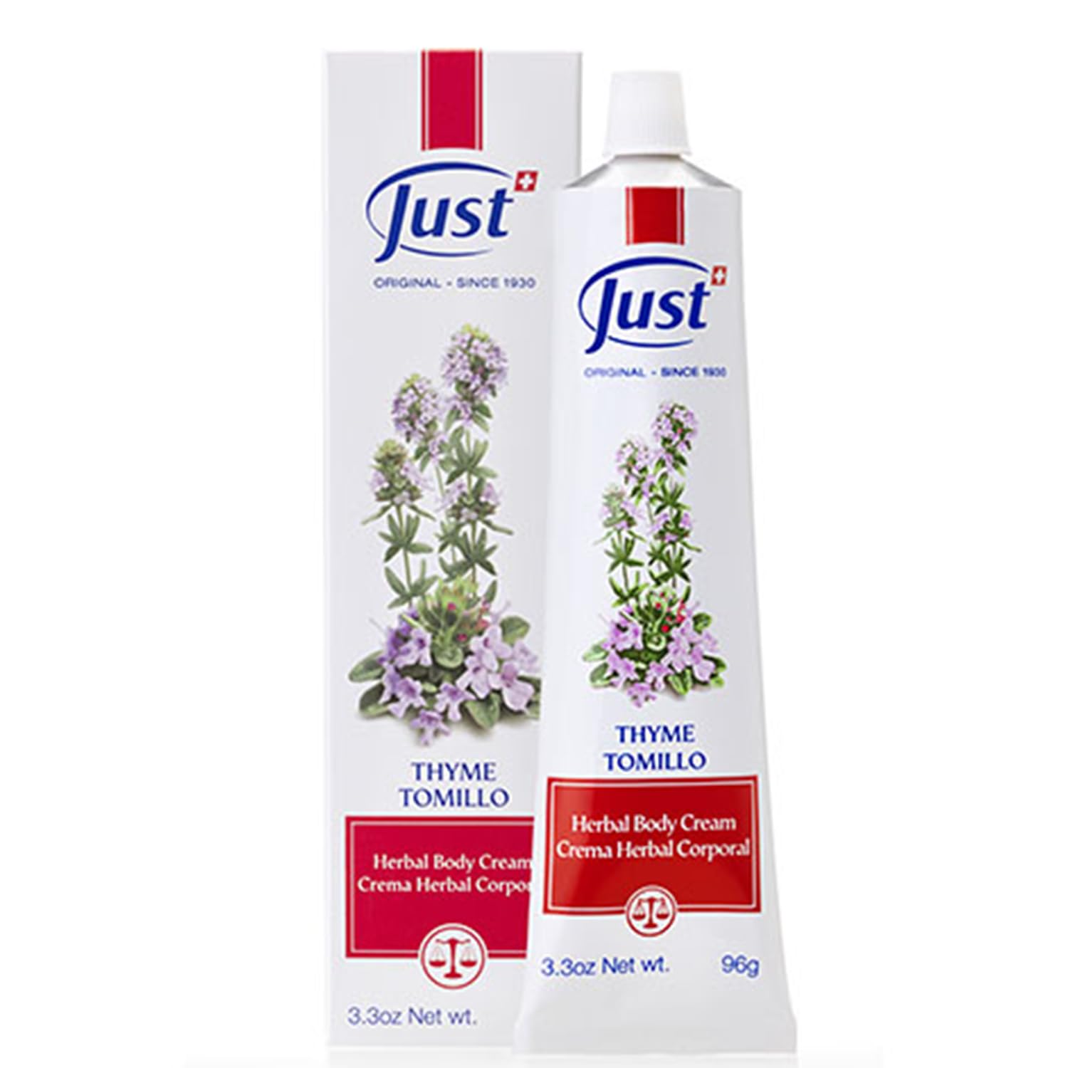 SwissJust Thyme Cream 96g - Natural Massage Cream with Thyme, Camphor Oil, Lemon Eucalyptus, Chamomile, Rosemary, Soybean & Pine Essential Oils | Soothes Muscles & Relaxation for Spa, Aromatherapy & Home Use