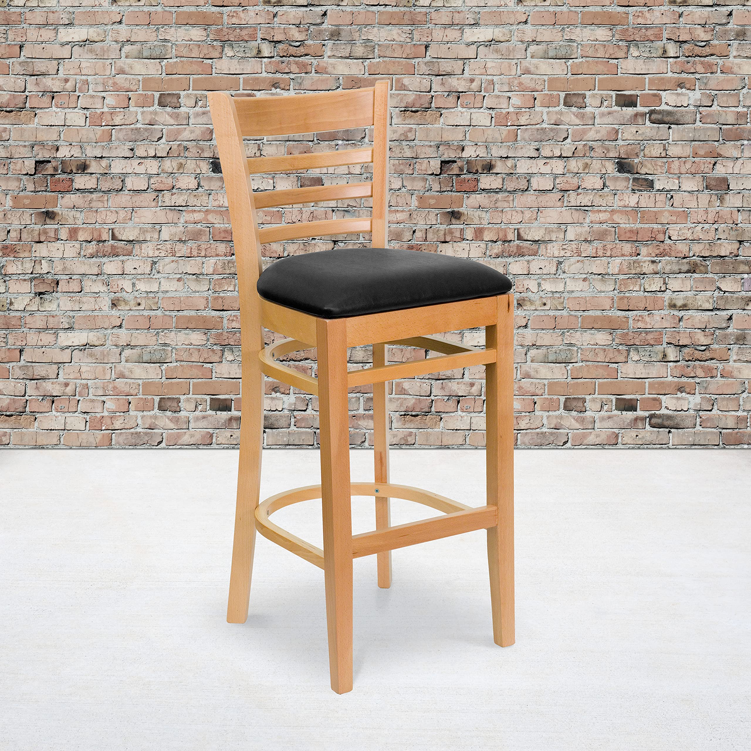 EMMA + OLIVER Natural Wood Ladder Back Bar Stool with Black Vinyl Seat - Perfect for Kitchen Islands, Breakfast Bars & Home Decor