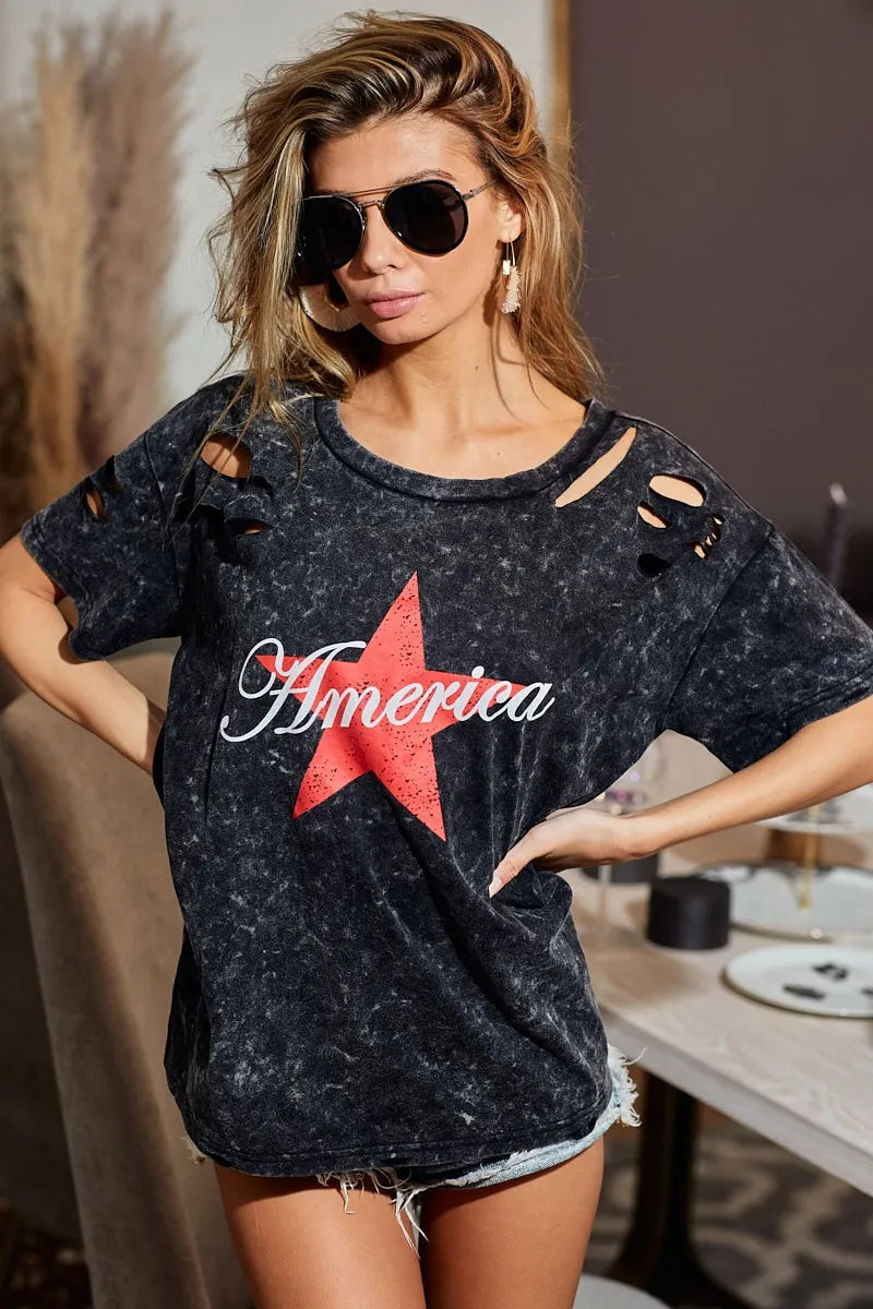 BiBi Laser Cut Mineral Washed Jersey Top - Trendy Women's Fashion Tops for Casual Wear & Street Style | Perfect for Everyday Outfits, Weekend Hangouts & Summer Looks