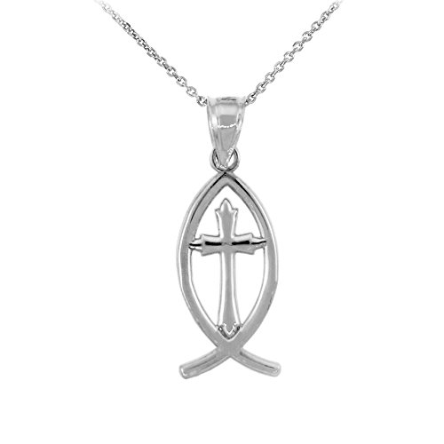 10K White Gold Jesus Cross Charm Ichthus Christian Fish Pendant Necklace for Women & Men - Religious Jewelry Gift for Baptism, Confirmation & Daily Wear