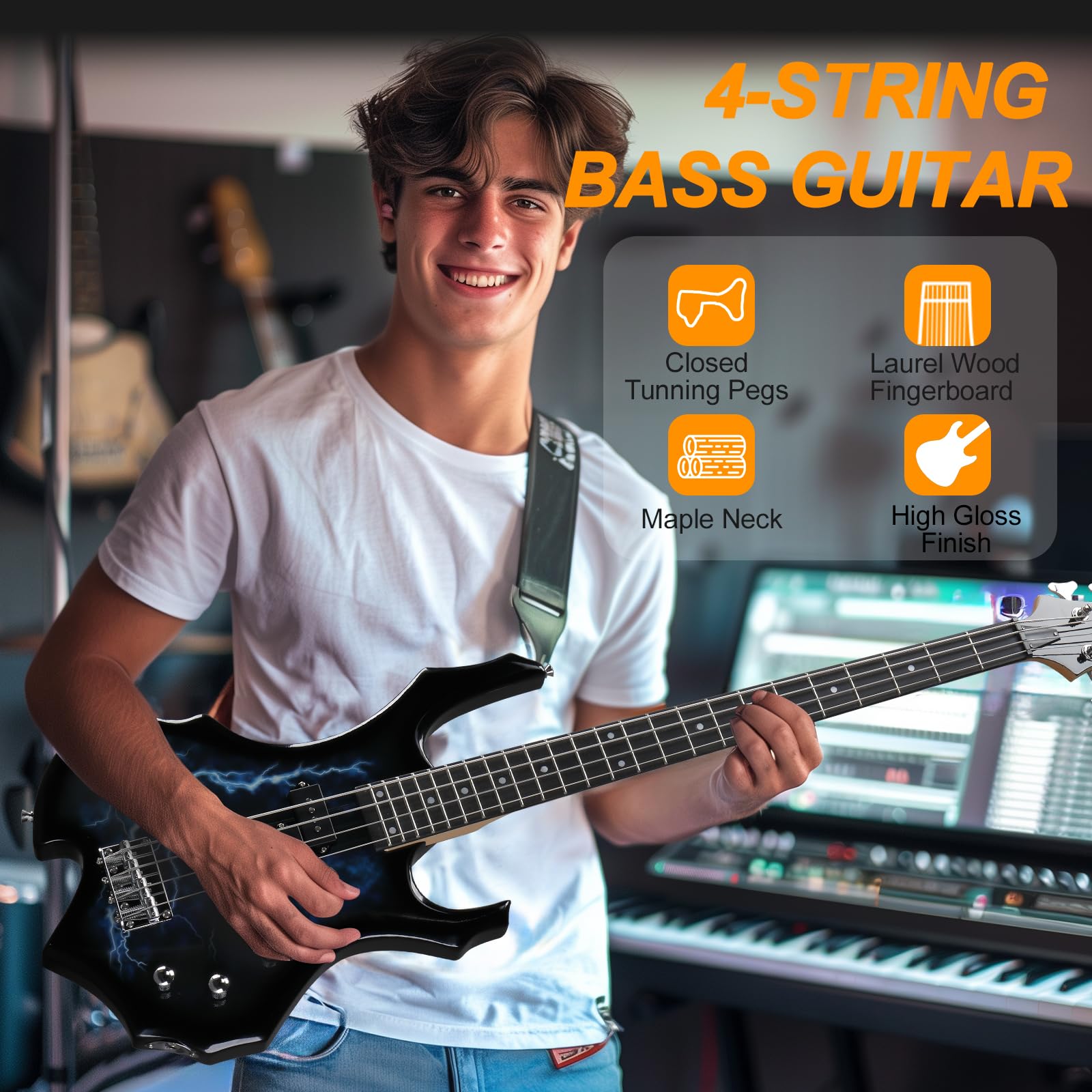 Ktaxon Full Size Electric Bass Guitar with Flame Design - 20W Amp, Portable Bass Bag, Premium Amp Wire, Adjustable Strap, Plectrum & Tools (Lightning) - Perfect for Beginners, Live Performances & Home Practice
