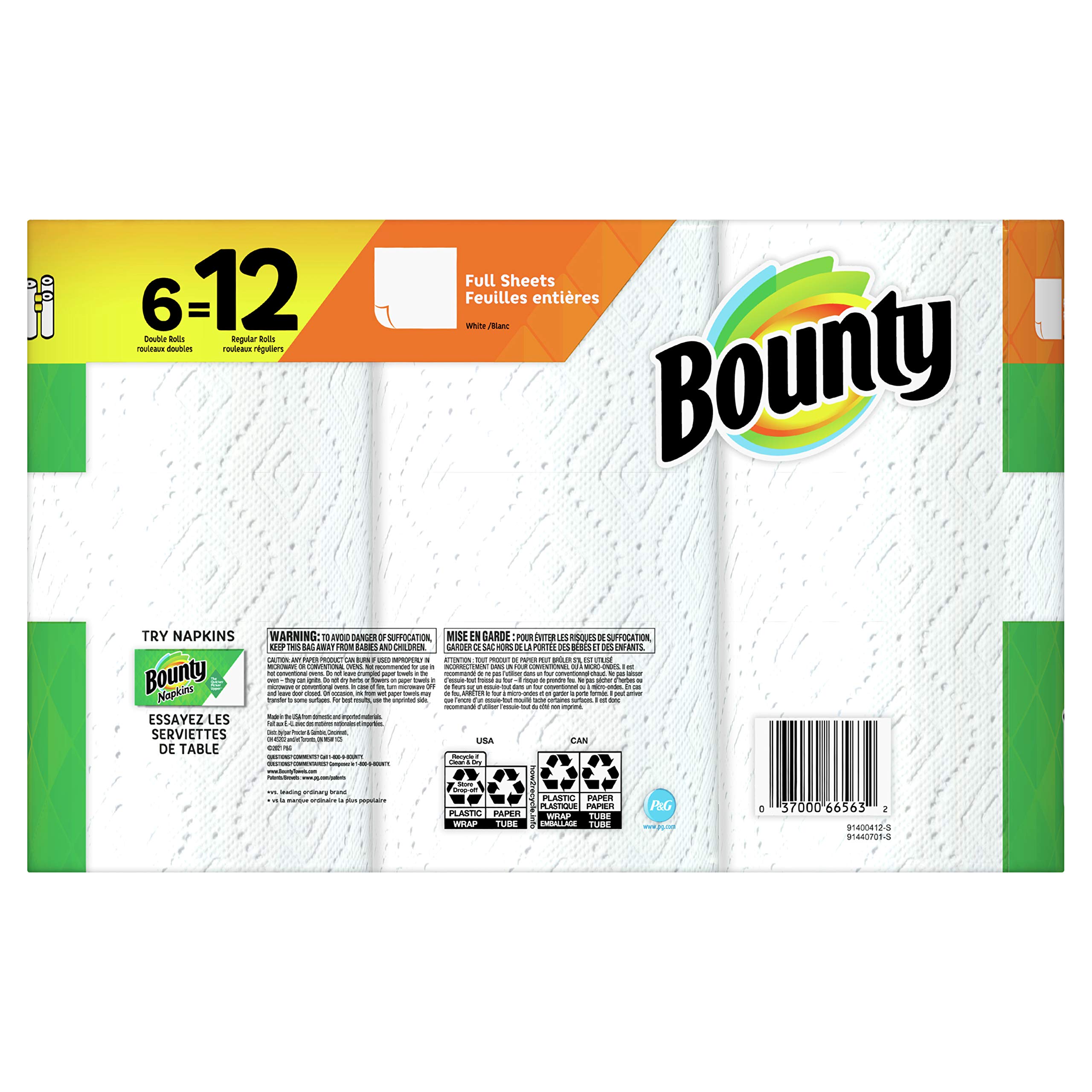Bounty Full Sheet Paper Towels, White, 6 Double Rolls (12 Regular Rolls) - Ultra Absorbent & Strong for Kitchen, Cleaning & Household Use