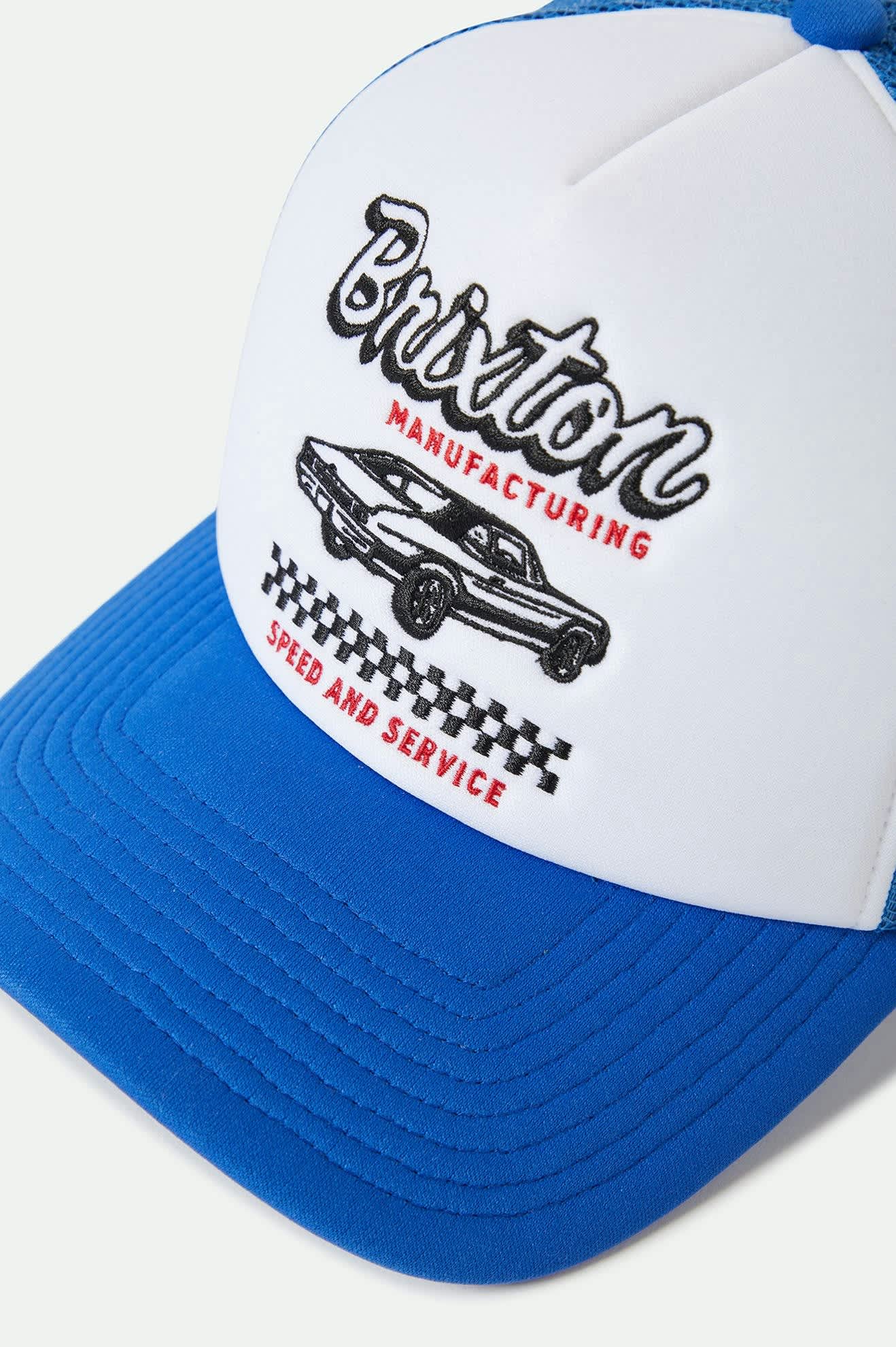 Speed and Service Netplus Trucker Hat - Electric Blue | Adjustable Snapback Cap for Men & Women | Perfect for Outdoor Activities, Sports, and Casual Wear