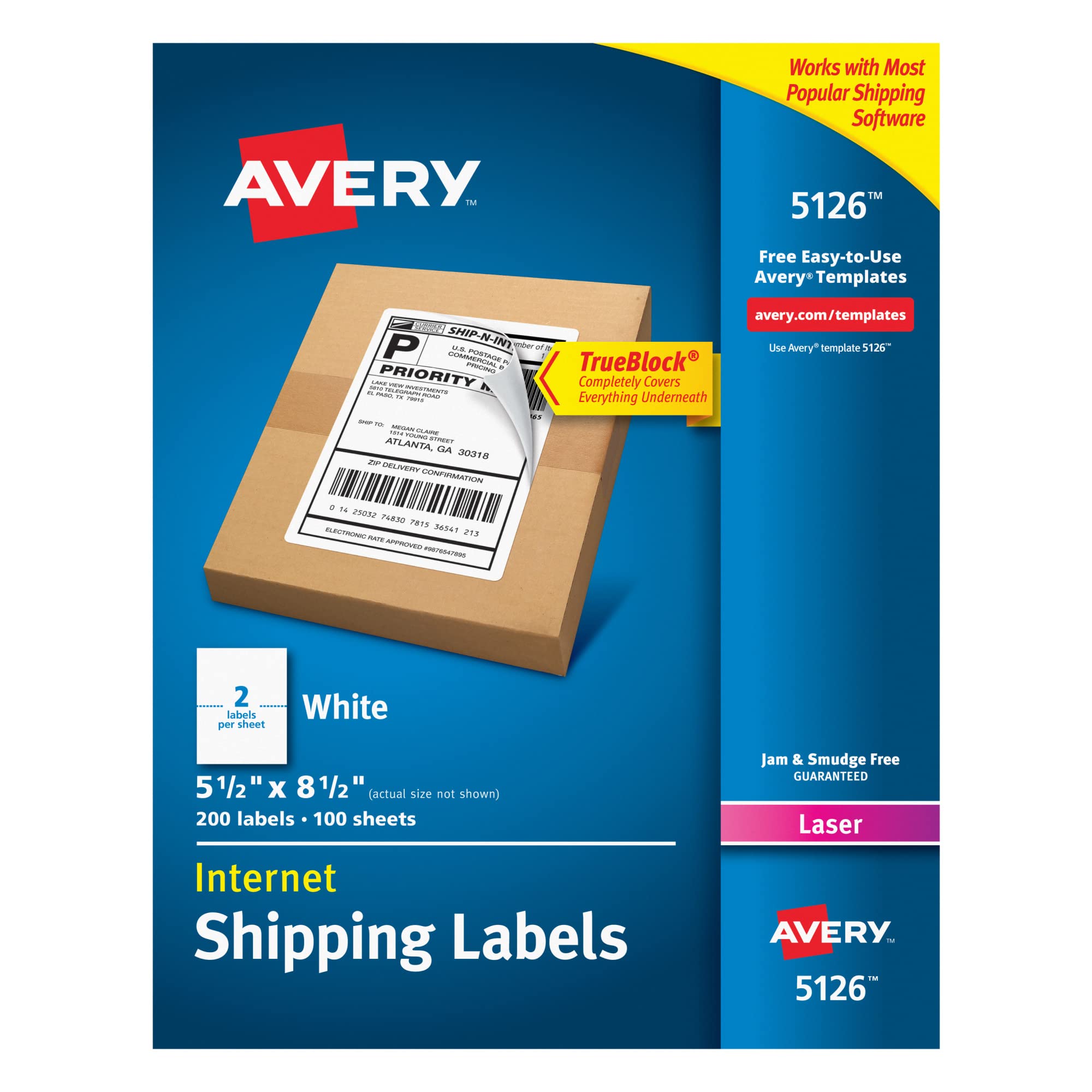 Avery 5126 Shipping Address Labels for Laser Printers - 200 Half Sheet Labels with Permanent Adhesive & TrueBlock Technology (White) - Perfect for E-commerce, Business Mailings, and Package Shipping