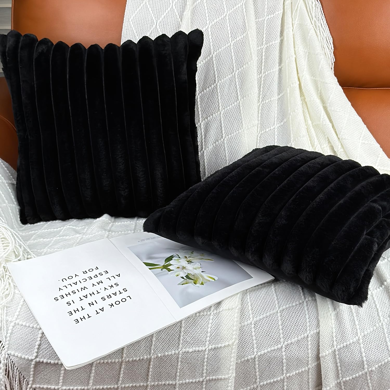 Premium 16x16 Faux Fur Throw Pillow Covers Set of 2 - Ultra Soft Fluffy Decorative Cushion Covers with Velvet Back for Sofa, Bed & Living Room - Neutral Home Decor Accent (Black) | Perfect for Cozy Winter Nights & Modern Interior Styling