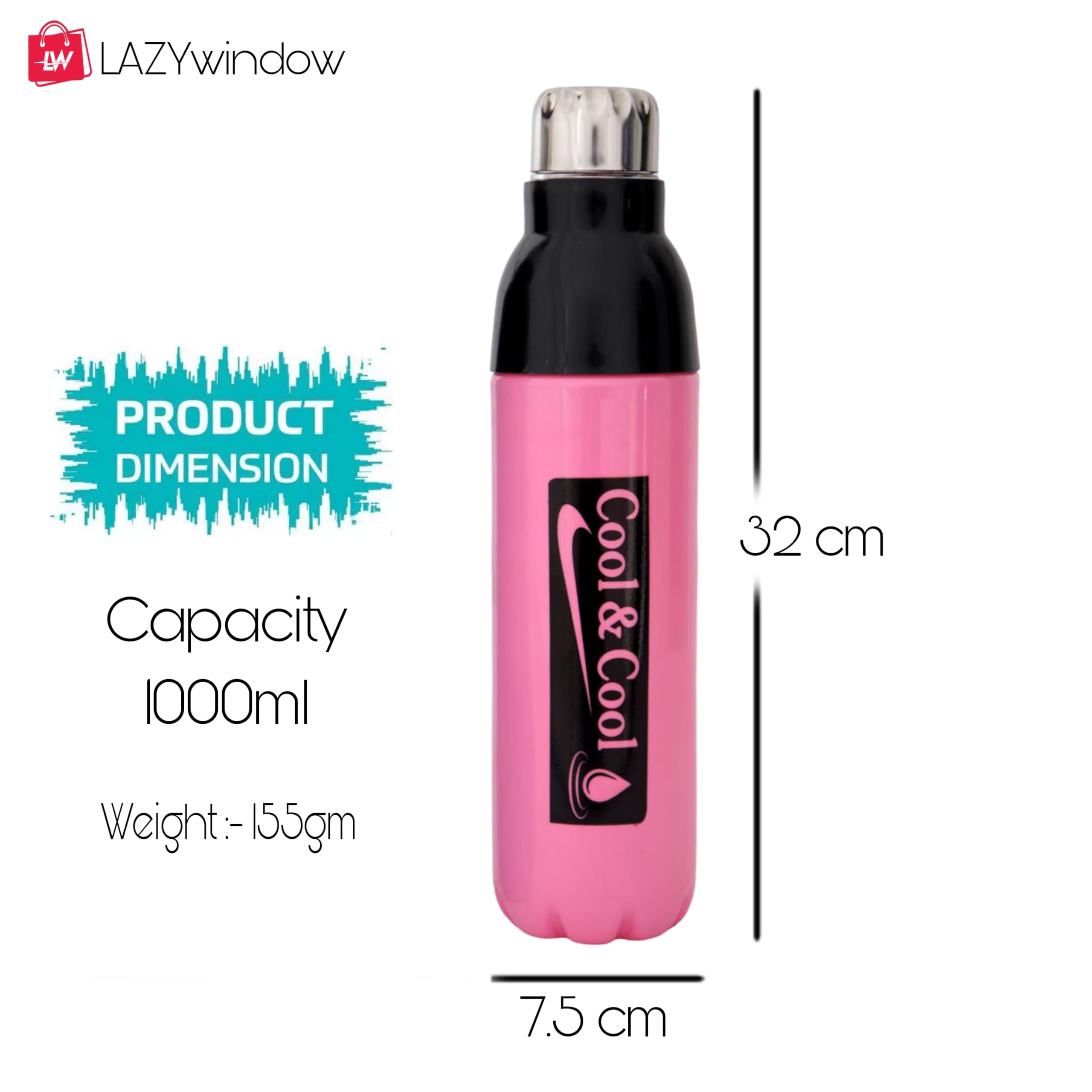 LAZYwindow 1000ml Pink Insulated Plastic Water Bottle - Keeps Drinks Cold for 24 Hours, BPA Free, Leak Proof - Perfect for Gym, Hiking, School & Office Use