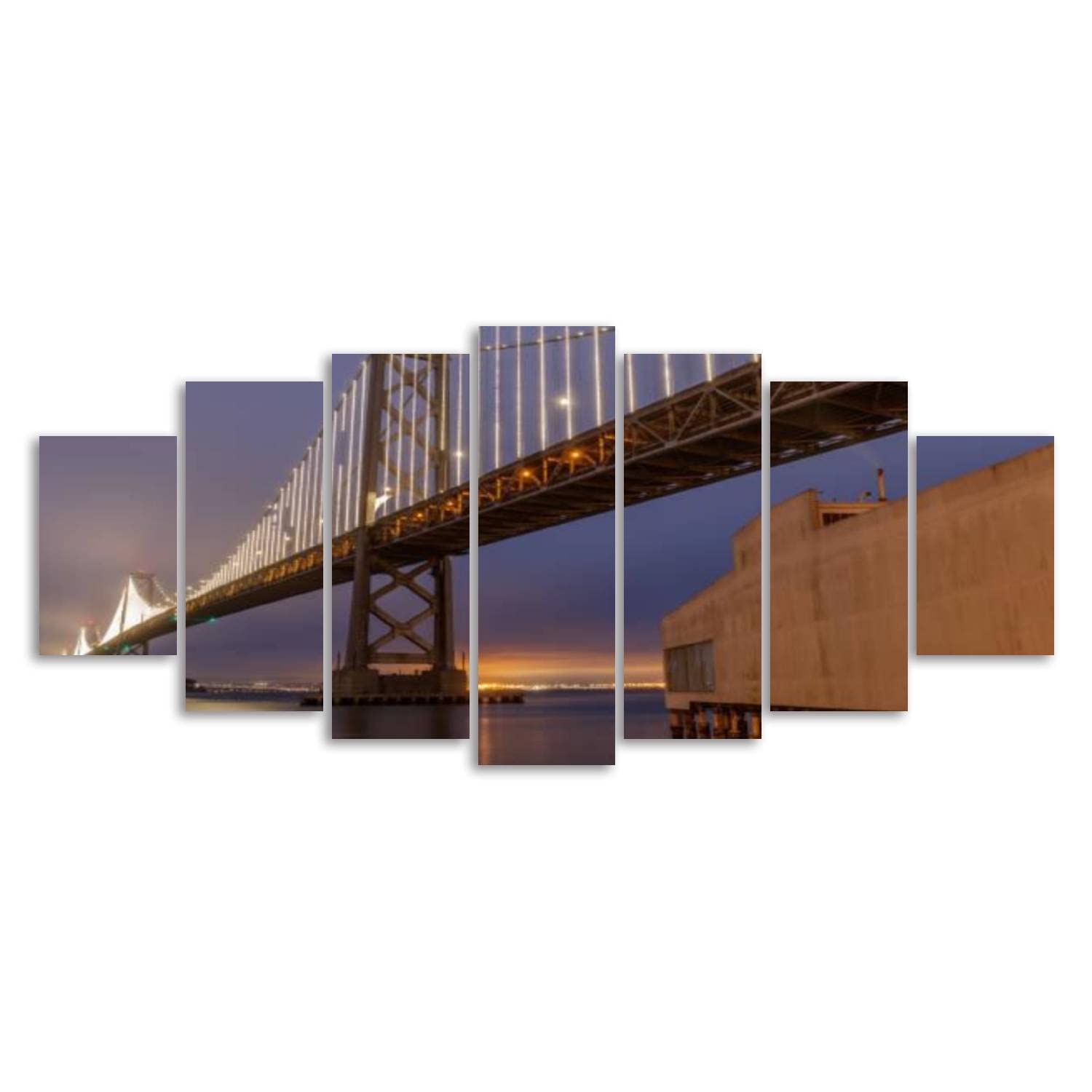 San Francisco Bay Bridge & Pier 24 Canvas Wall Art - 7 Panel Framed Painting for Living Room, Bedroom, Office Decor | Ready to Hang Large Size | Perfect for Coastal, Urban & Modern Interior Design