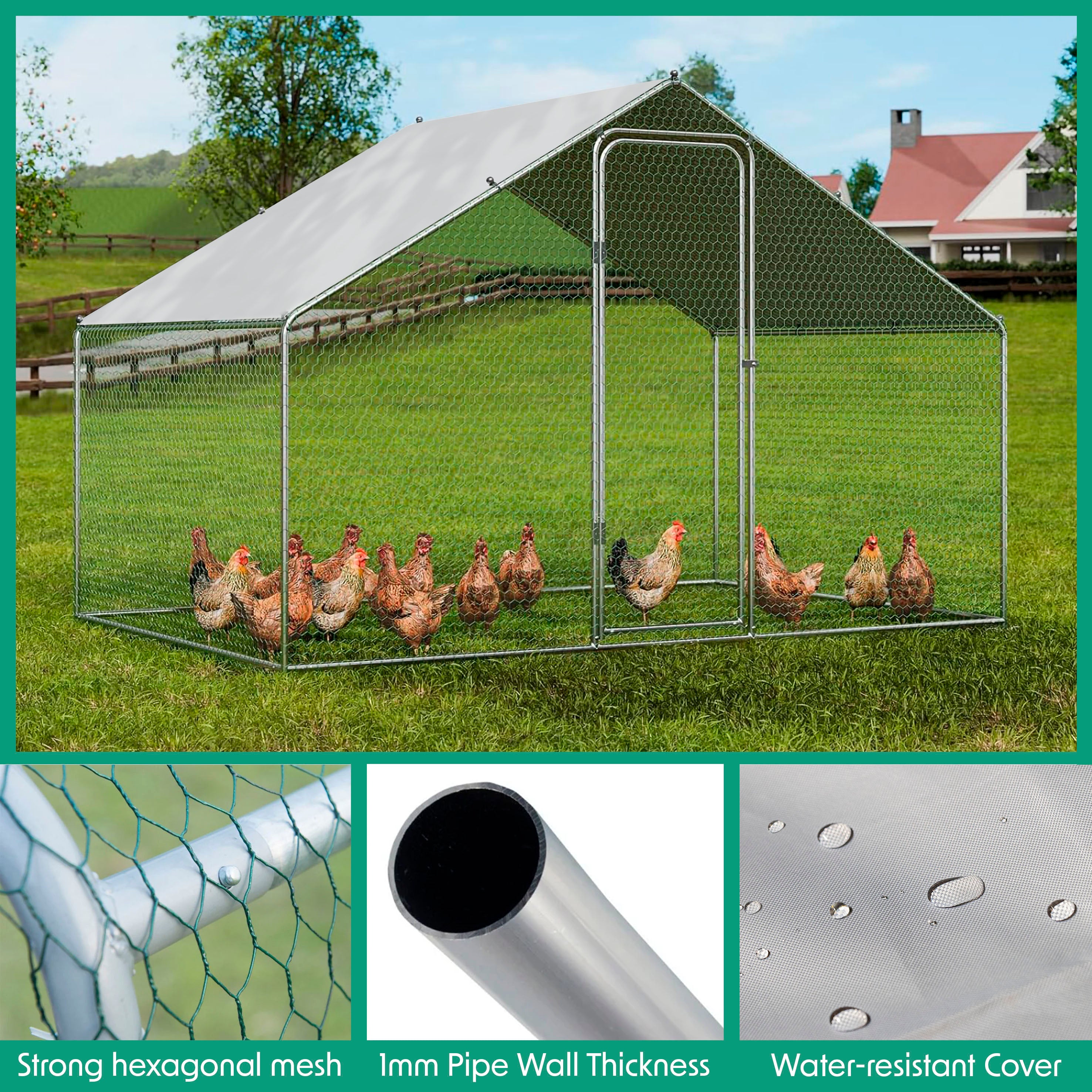 3x2x2m Galvanized Steel Walk-In Chicken Coop with Roof Cover & PVC Coated Wire - Secure Poultry Enclosure for Backyard Chickens, Ducks, and Small Animals | Ideal for Outdoor Farm, Garden, and Pet Protection