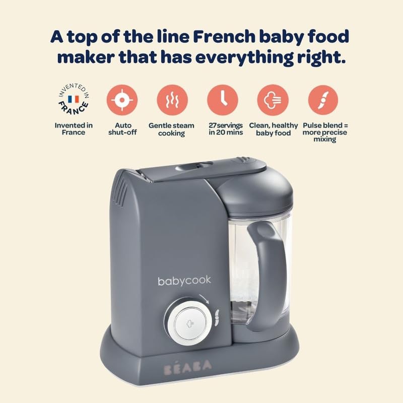 BEABA Babycook Solo 4-in-1 Baby Food Maker & Steamer Blender - Auto Steam Cooking, 4.5 Cup Capacity (27 Servings in 20 Mins) - Charcoal Grey | Perfect for Homemade Baby Purees, Toddler Meals & Healthy Family Cooking