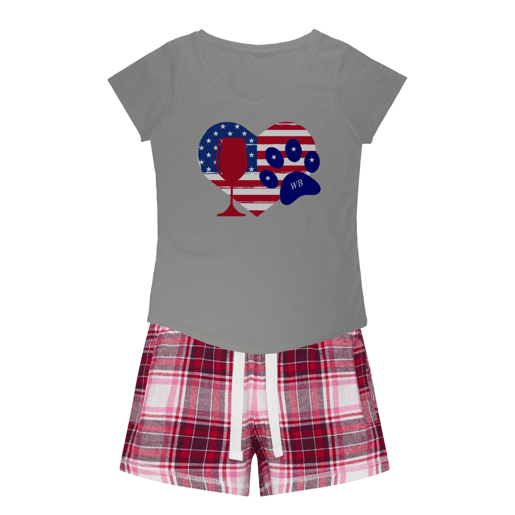 WineyBitches.Co American Wine Heart Paw Print Sleep T-Shirt & Flannel Shorts Set - Cute Pajamas for Women, Girls Night In, Wine Lovers Gift